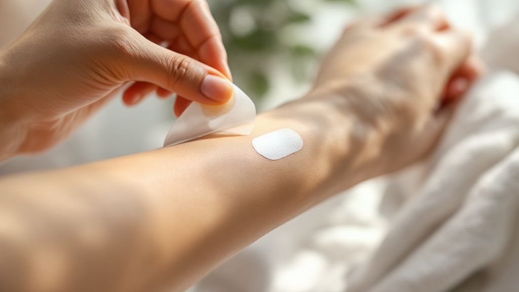 A close-up of a CBD patch on someone's arm, showcasing its discreet nature.