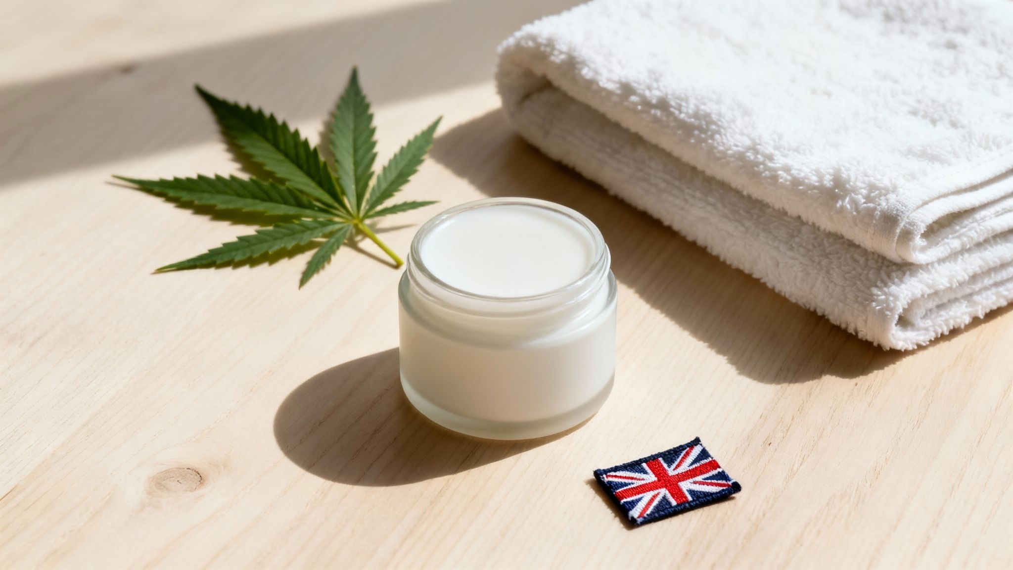 A person applying CBD cream to their hand, with a jar of the cream and hemp leaves nearby