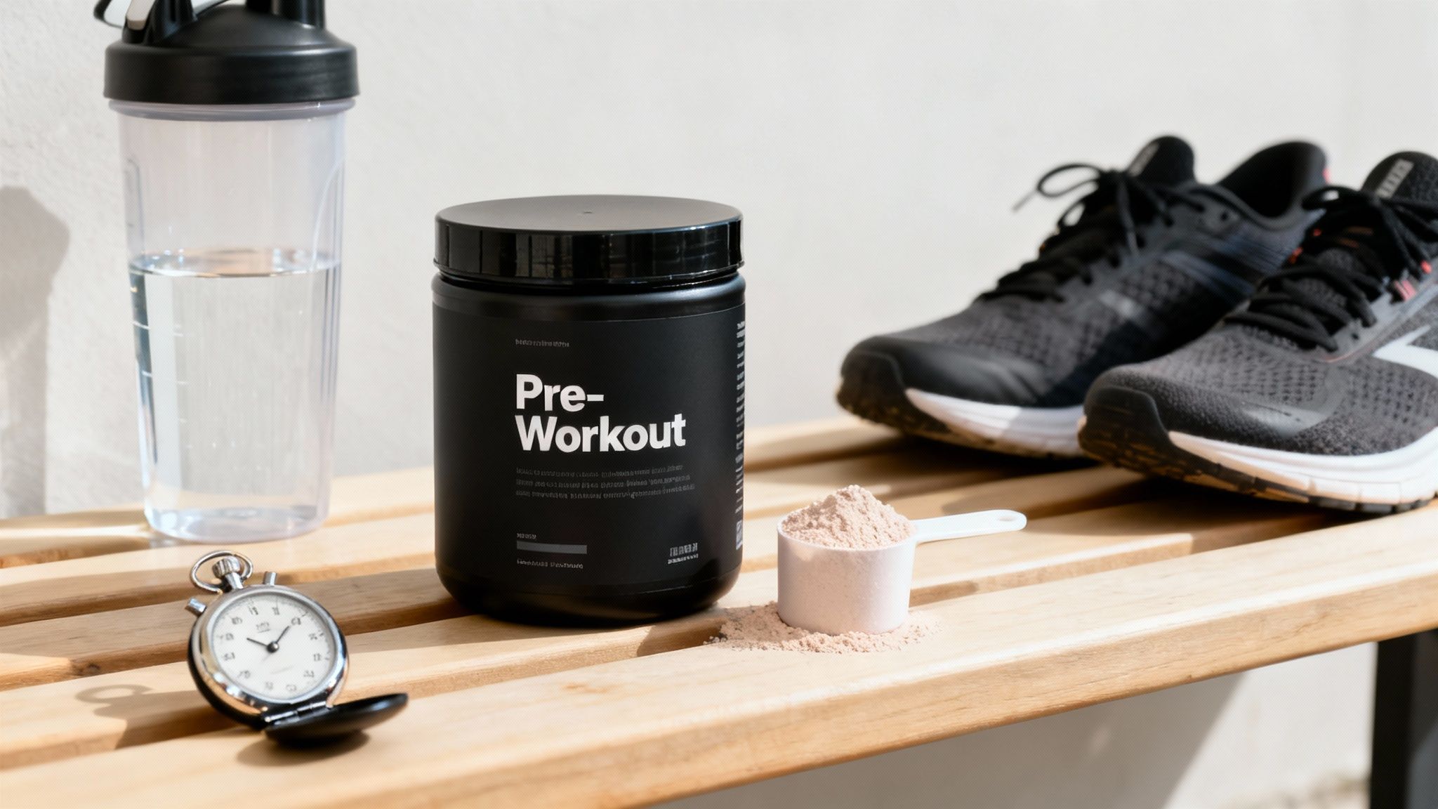 Pre-workout supplement tub, shaker bottle, scoop, stopwatch, and running shoes on a wooden bench.