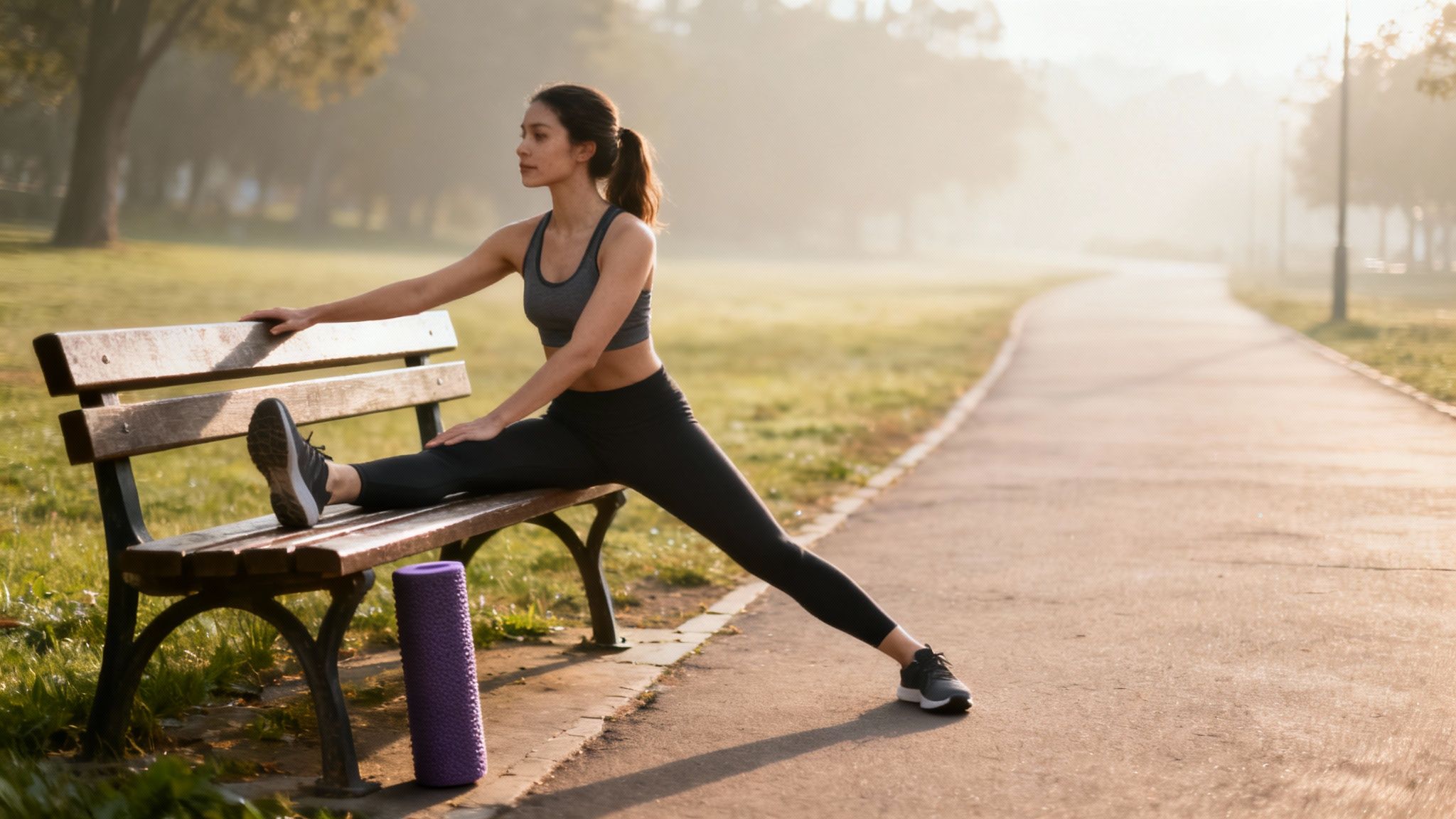 Young woman in activewear stretching her leg on a park bench with a foam roller.