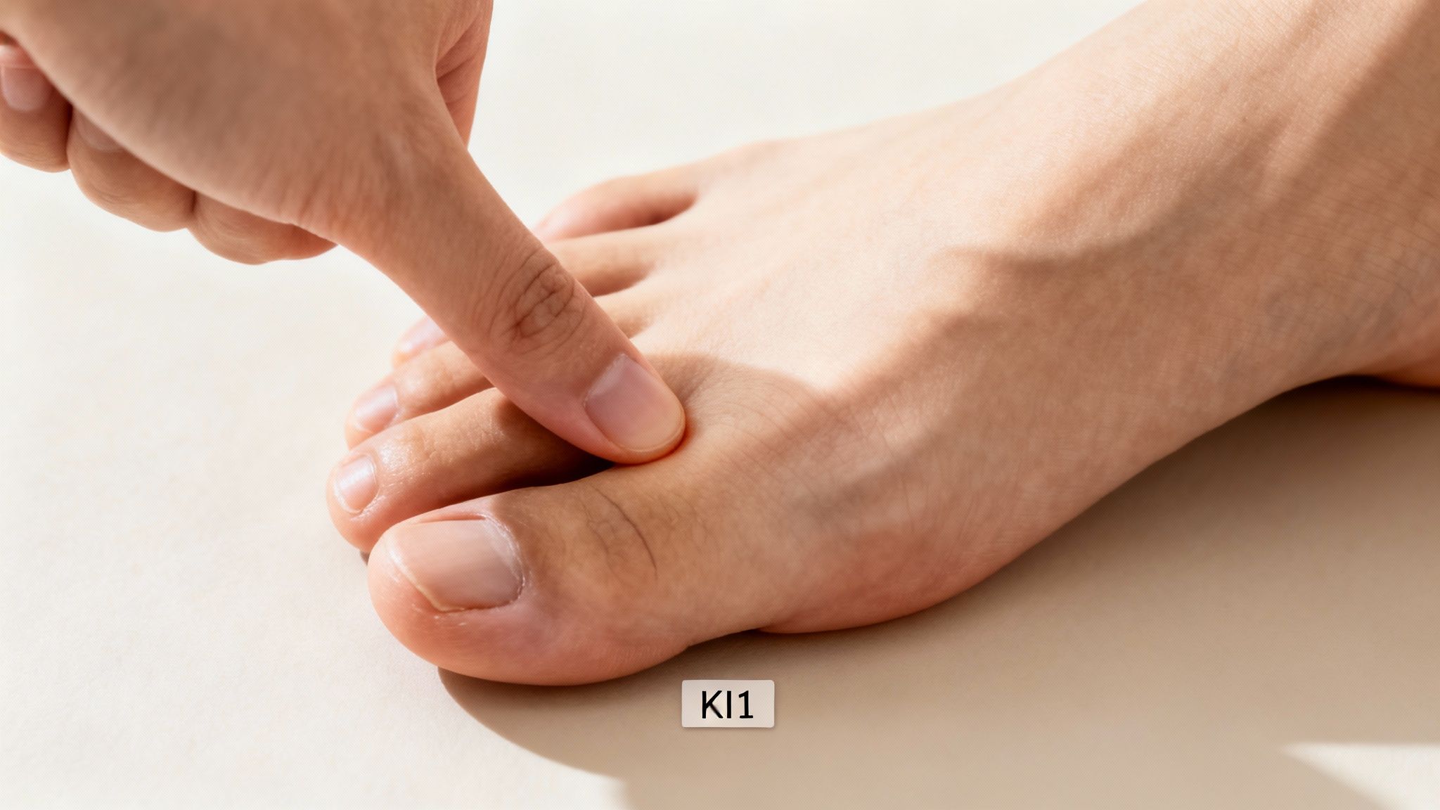 A person's finger applies pressure to the KI1 acupressure point on the top of a foot.