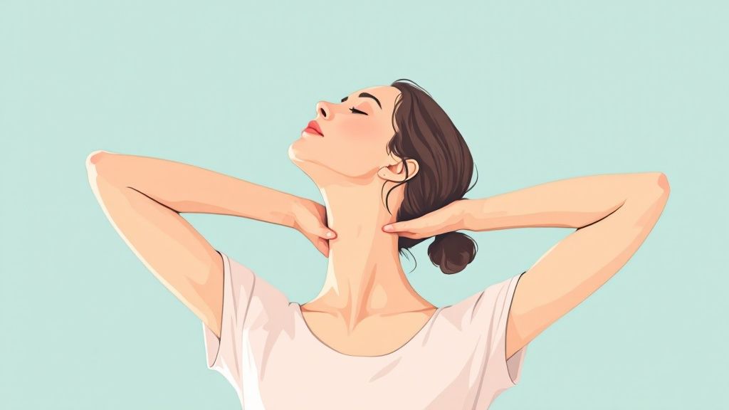 Person meditating calmly to manage anxiety and neck pain.