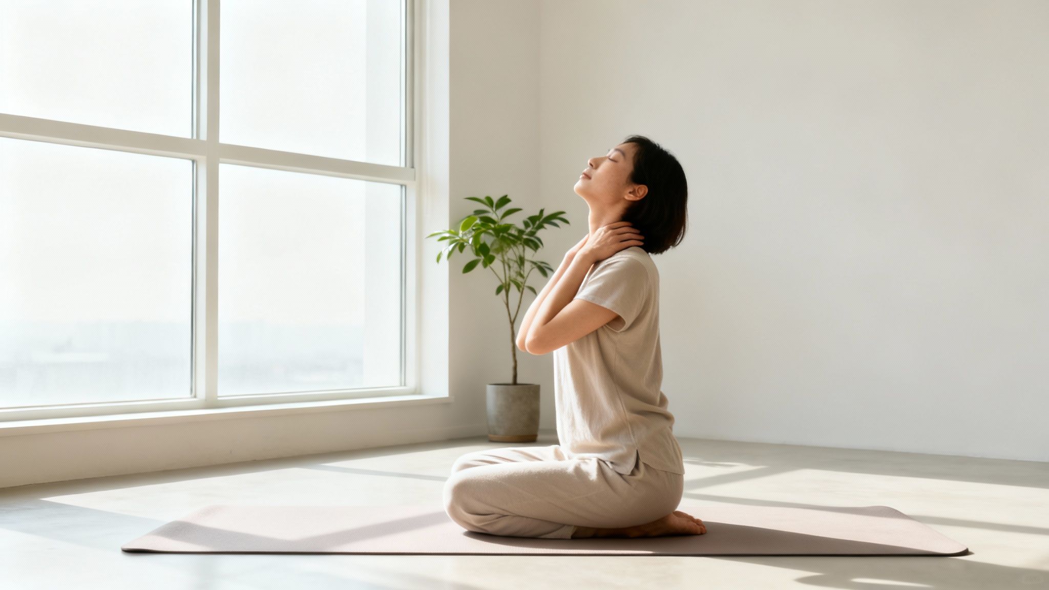 A serene woman meditating on a yoga mat by a bright window, gently holding her neck.