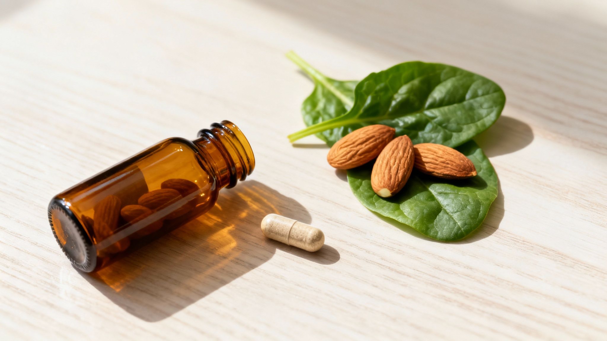 Amber bottle with almonds, a single capsule, and spinach leaves on a light wooden surface.
