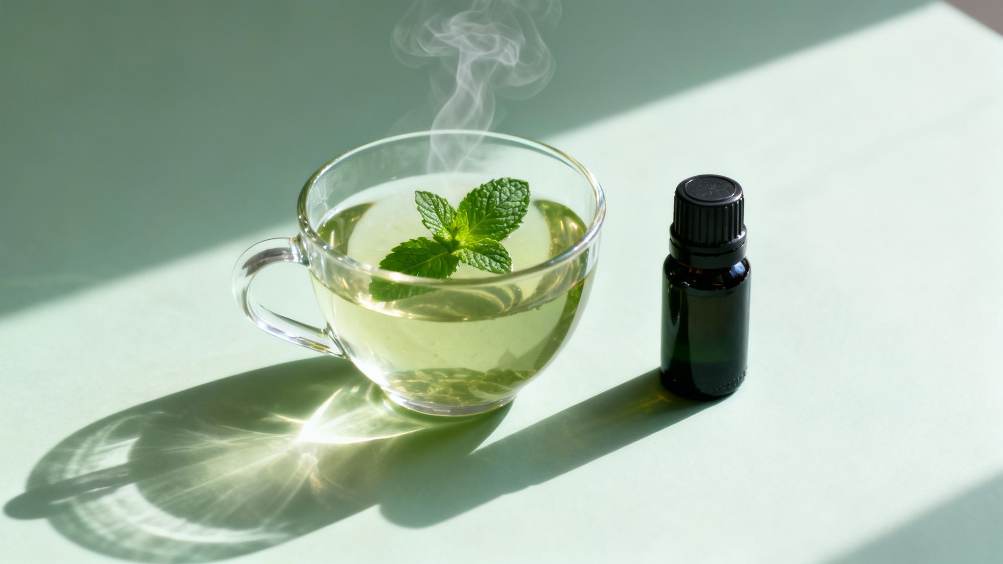 Steaming mint tea with fresh mint leaves in a glass cup next to a dark essential oil bottle.