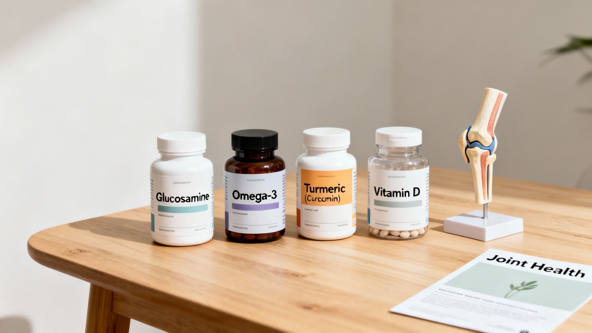 Glucosamine, Omega-3, Turmeric, and Vitamin D supplements with a knee joint model and a 'Joint Health' document.