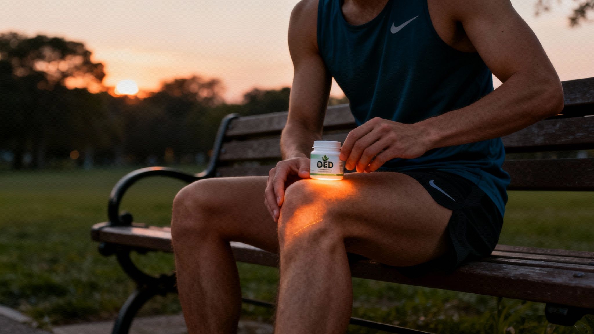 A runner applies CBD muscle rub to their knee after a long run