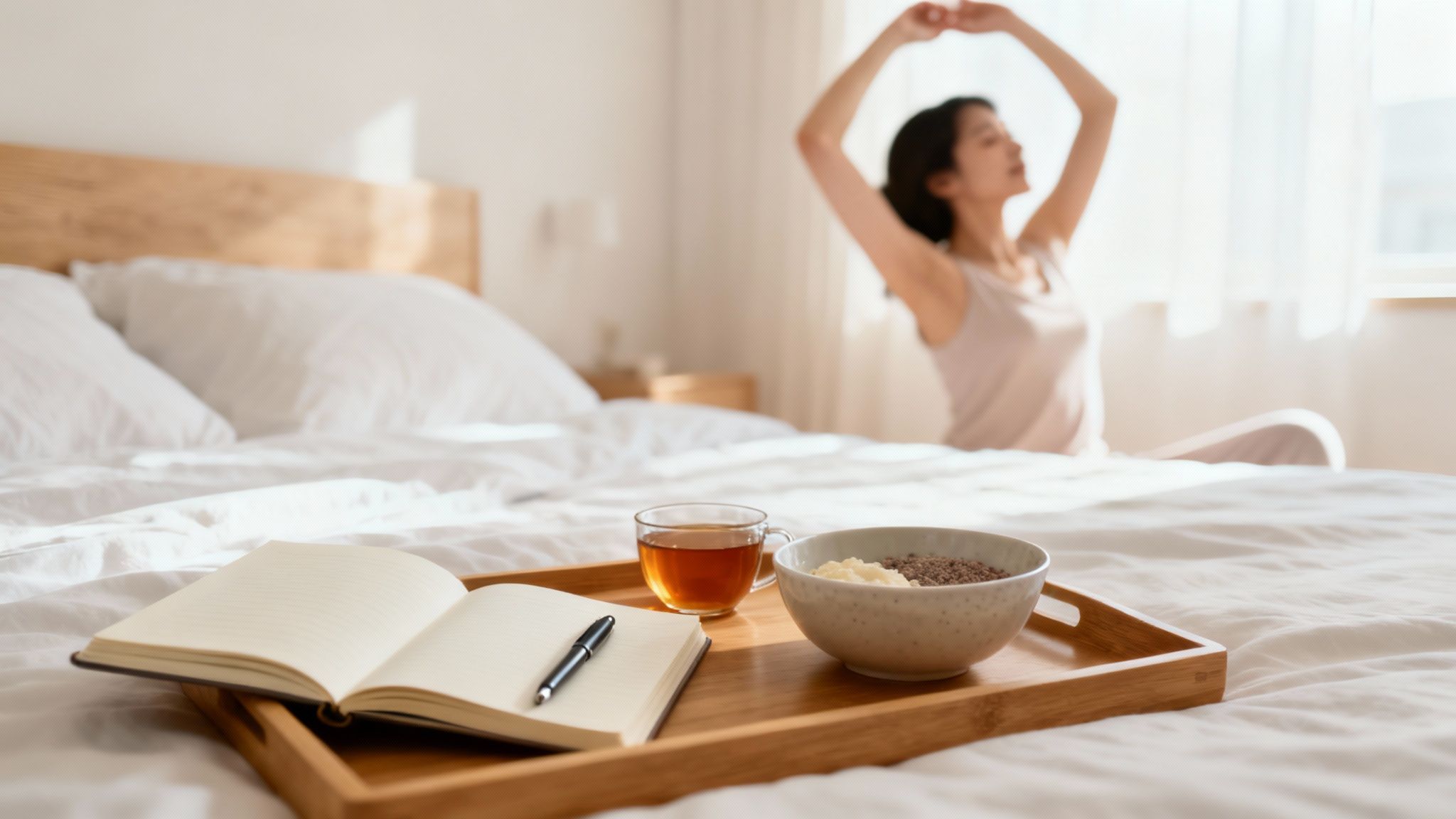 A person sitting on their bed in the morning, looking calm and stretching gently with sunlight streaming in.
