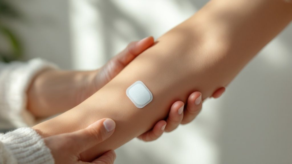 A woman applying a CBD patch to her inner wrist