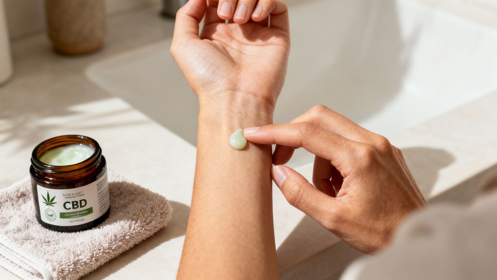 A person applying a white cream to their forearm from a jar, with a soft, clean background.