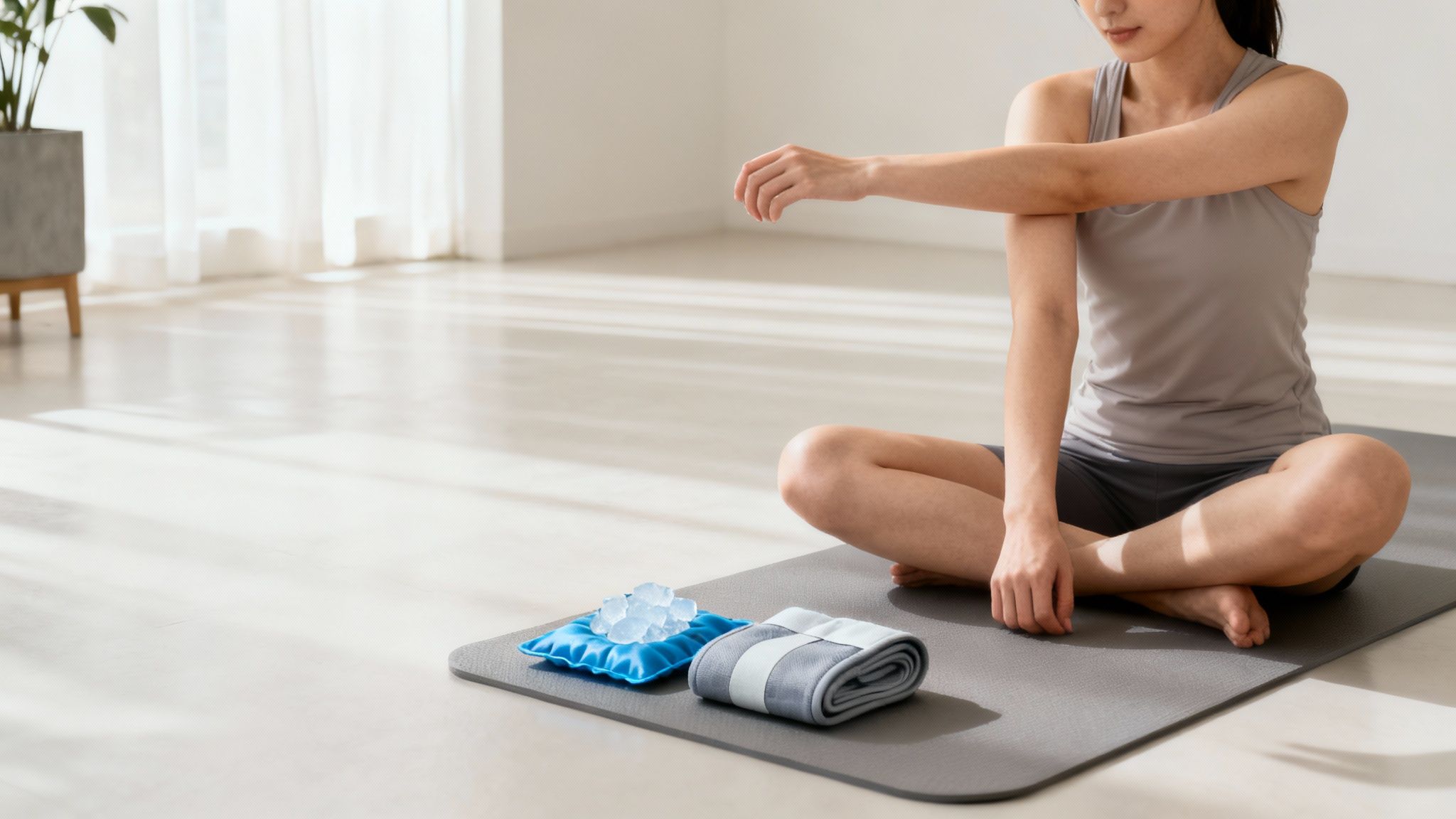 A person gently applying a compress to their arm for relief.