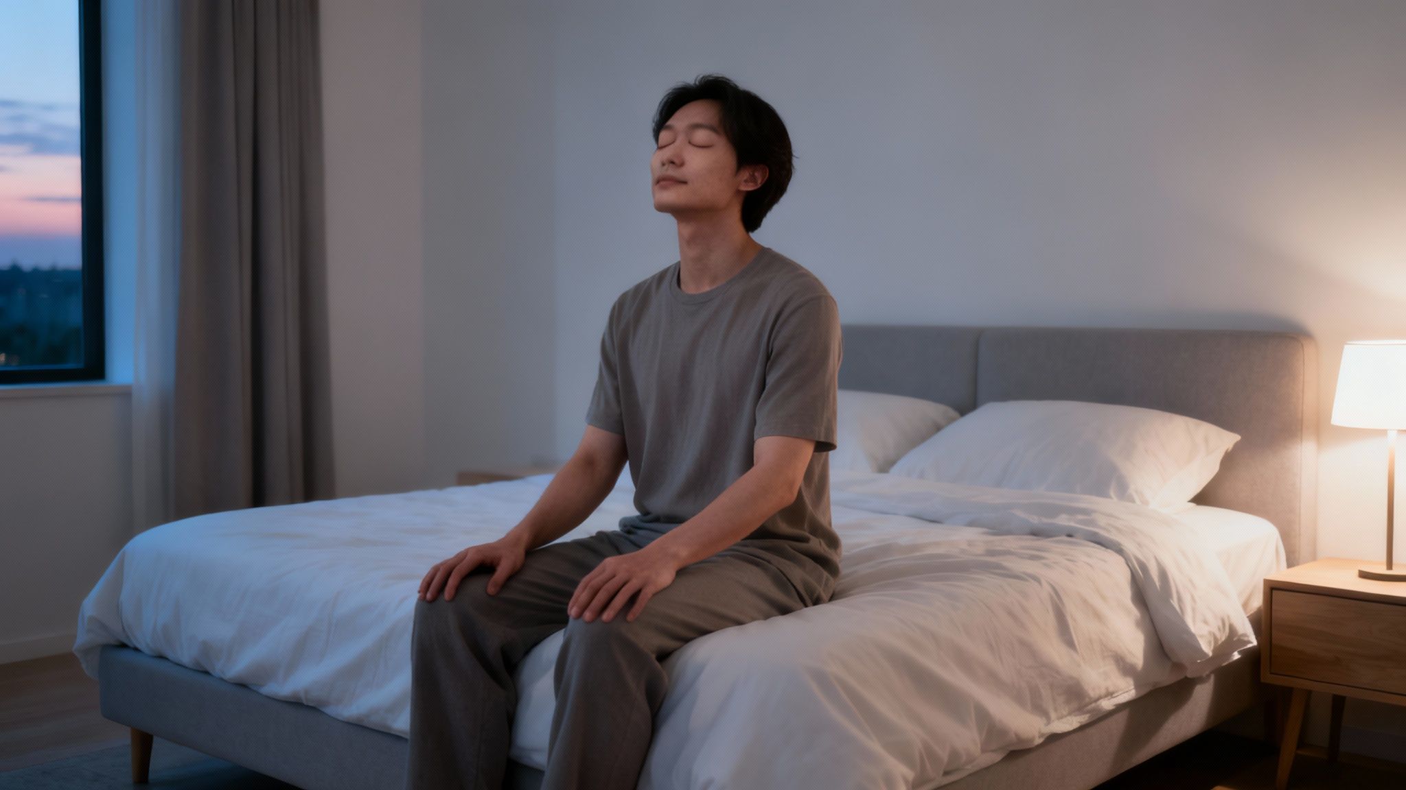 A man meditates on his bed in a dimly lit bedroom at dusk, finding peace.