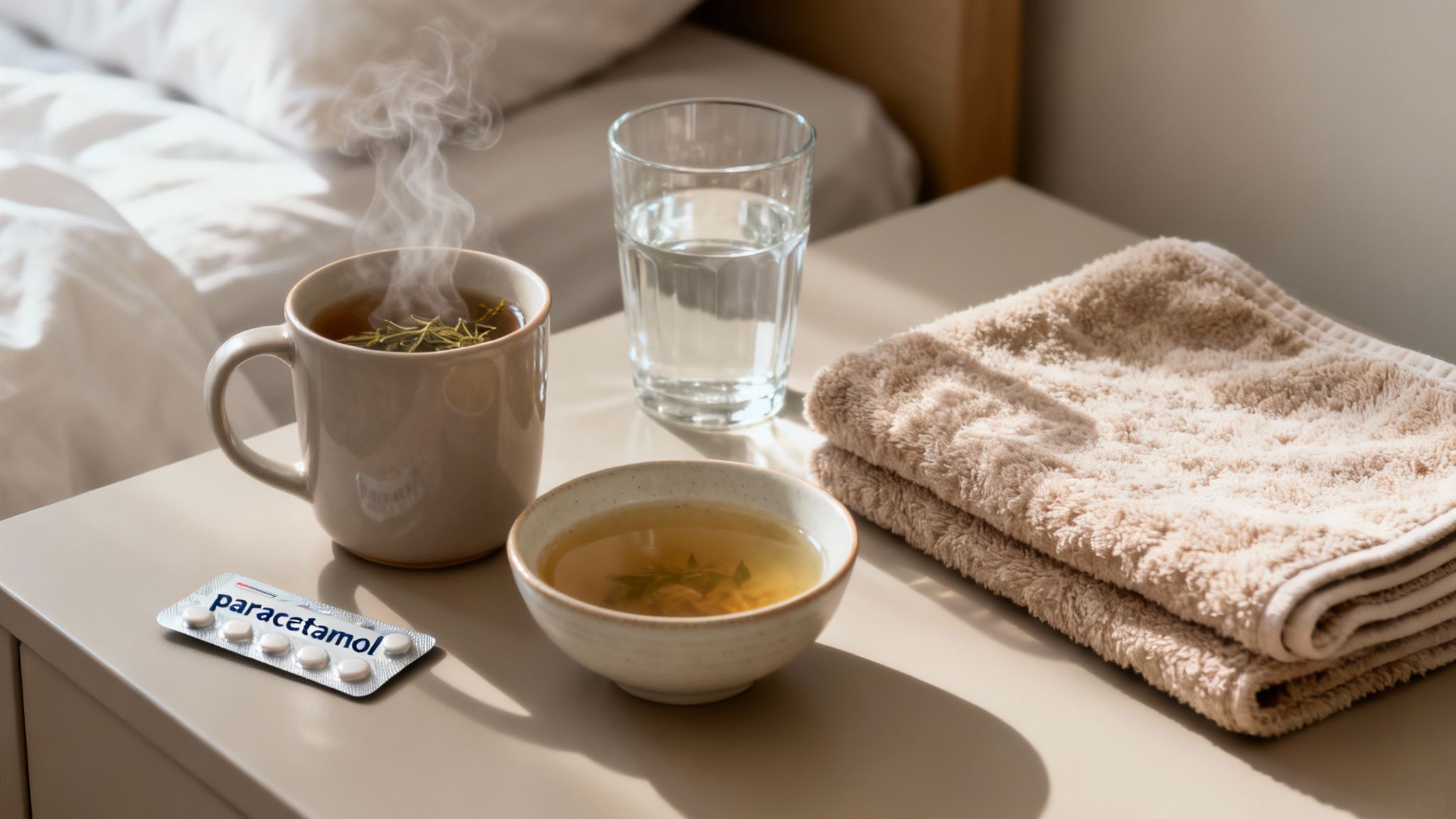 Comforting bedside scene with steaming herbal tea, water, soup, paracetamol, and a towel for illness.
