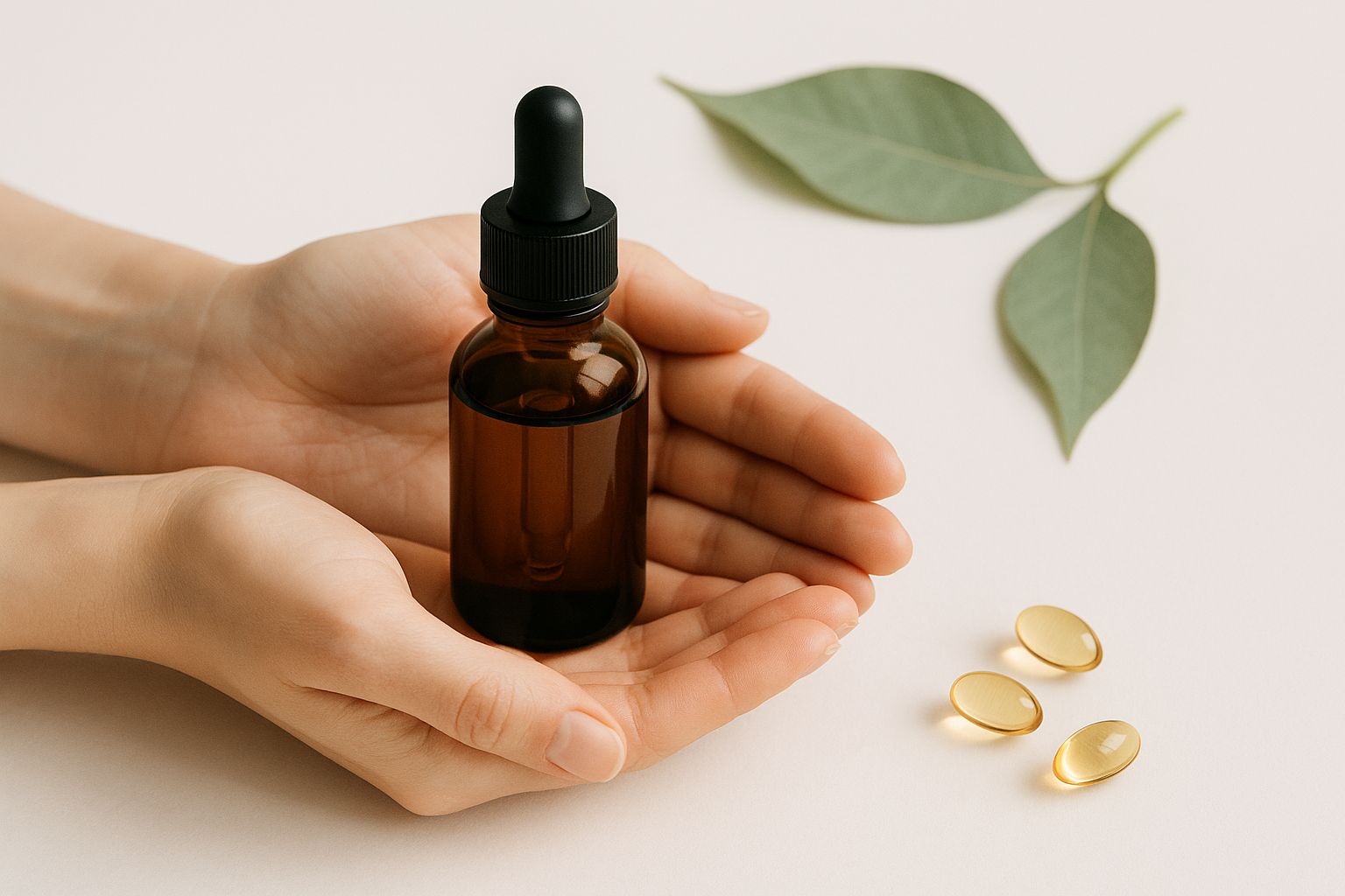 A person holding a cannabinoid oil capsule, looking calm and relaxed.