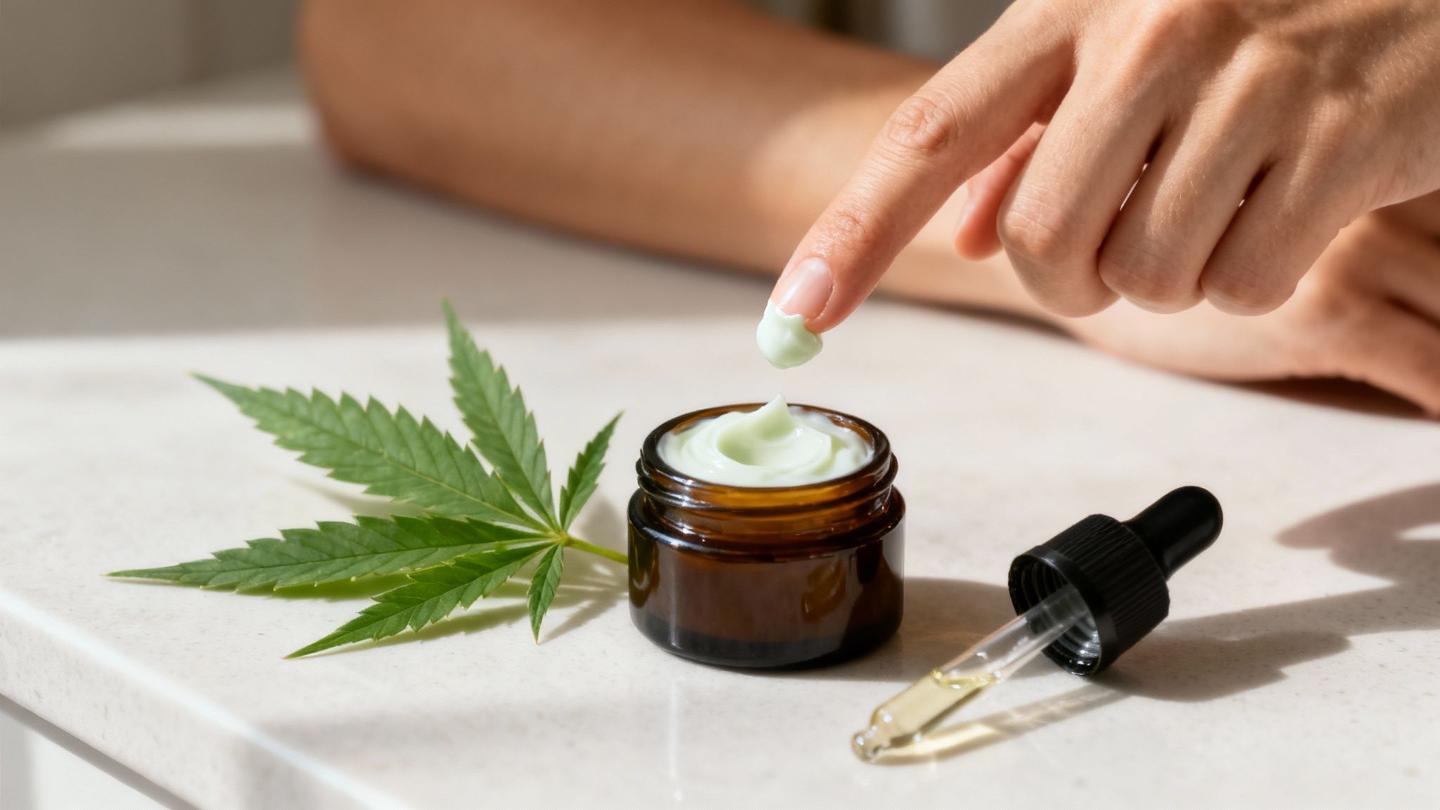 A close-up shot of a person's hand scooping a small amount of white CBD cream from a jar.