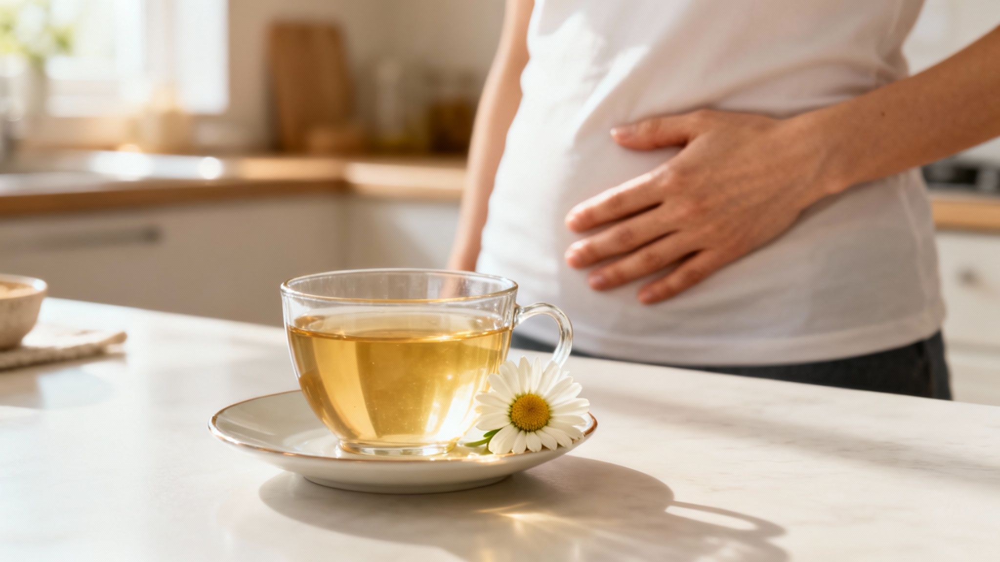 Person holding stomach, with a cup of chamomile tea and daisy on a kitchen counter.