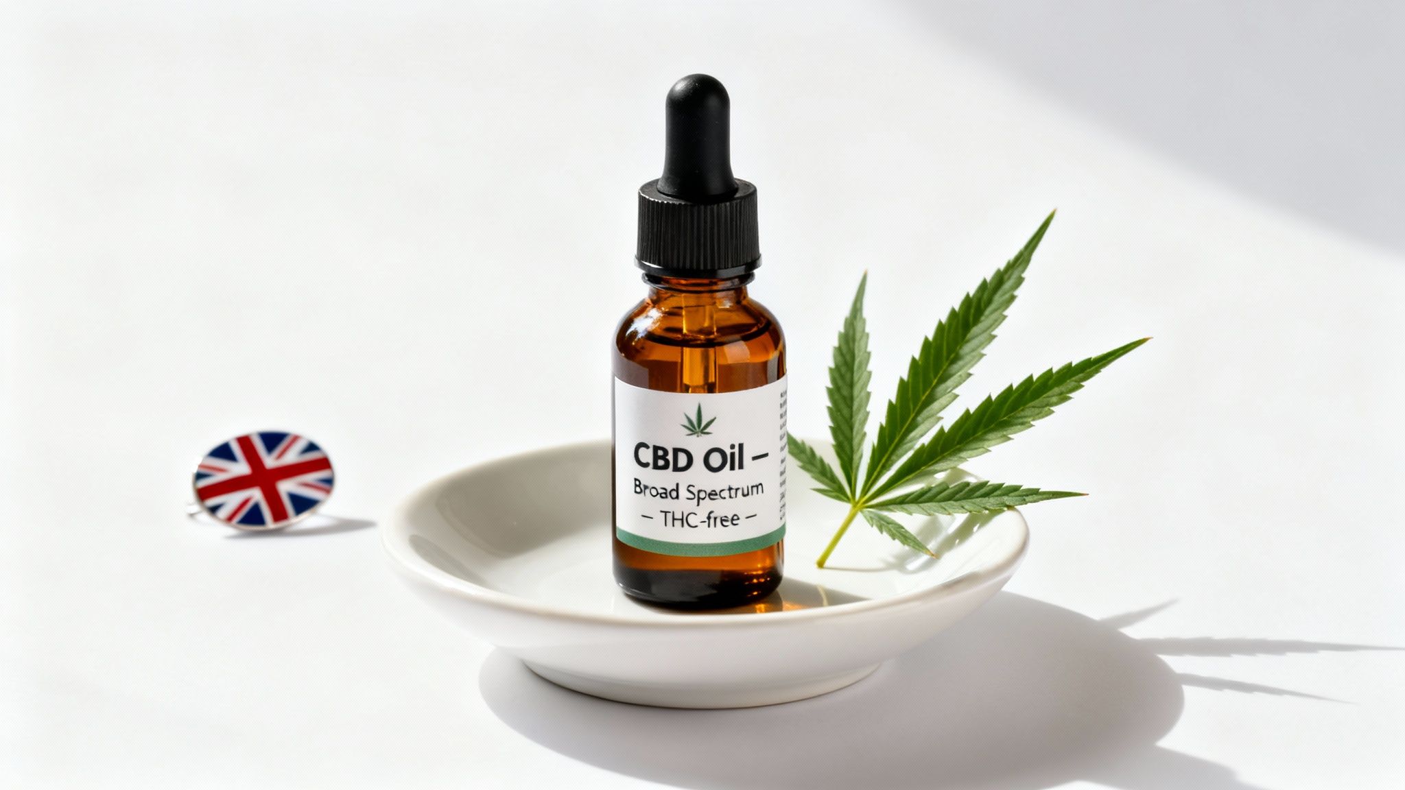 CBD oil bottle, cannabis leaf, and UK flag pin on a white background, highlighting a THC-free broad spectrum product.