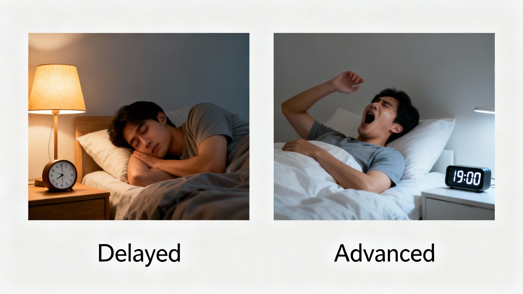 Two panels show a man experiencing different sleep-wake phase disorders, illustrating delayed and advanced sleep.