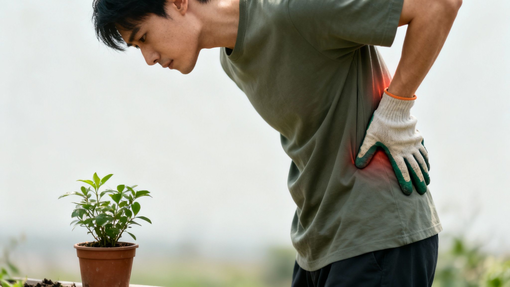 A man with a gardening glove holds his lower back, showing pain while tending to a potted plant.
