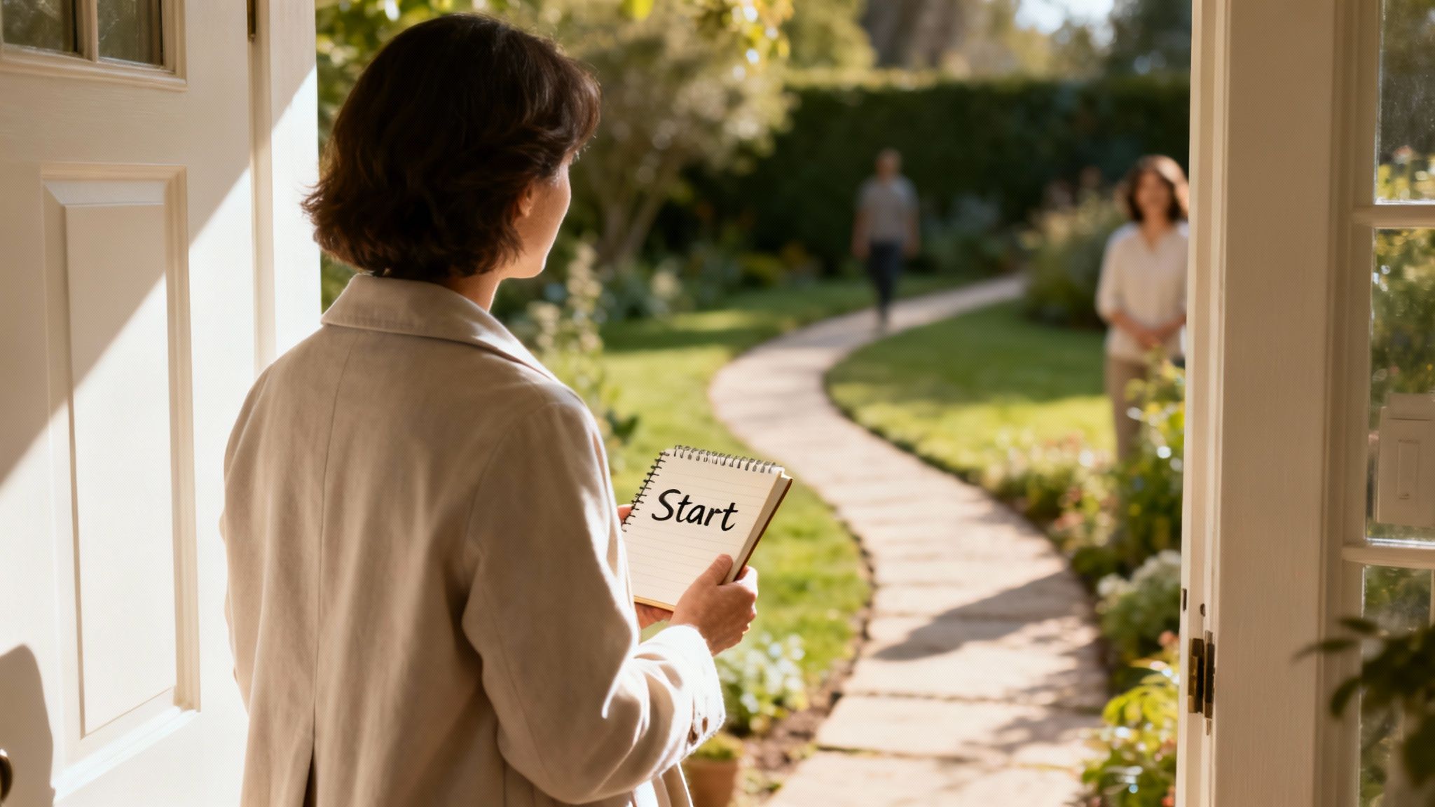 Person holding a notebook with 'Start' written on it, looking out an open door to a garden path.