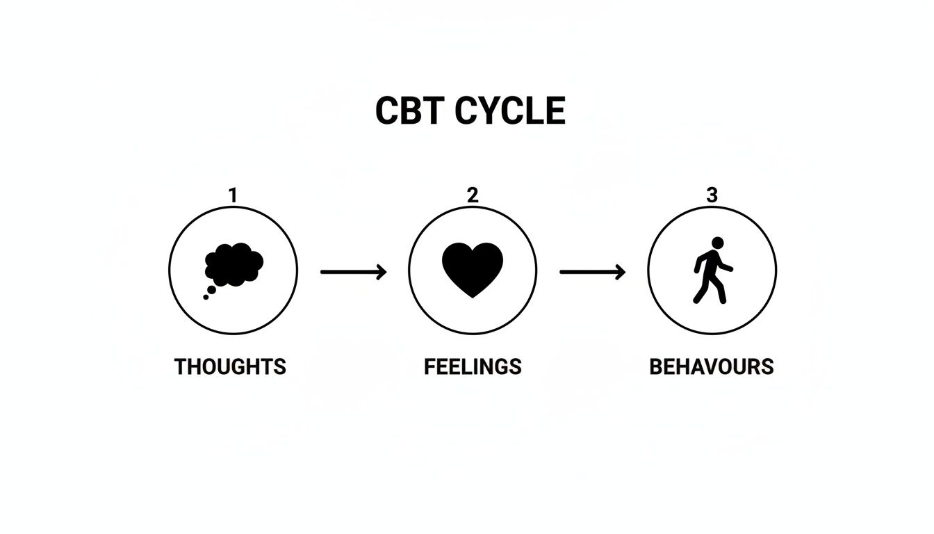 Diagram illustrating the CBT cycle: thoughts, feelings, and behaviors connected in a loop.