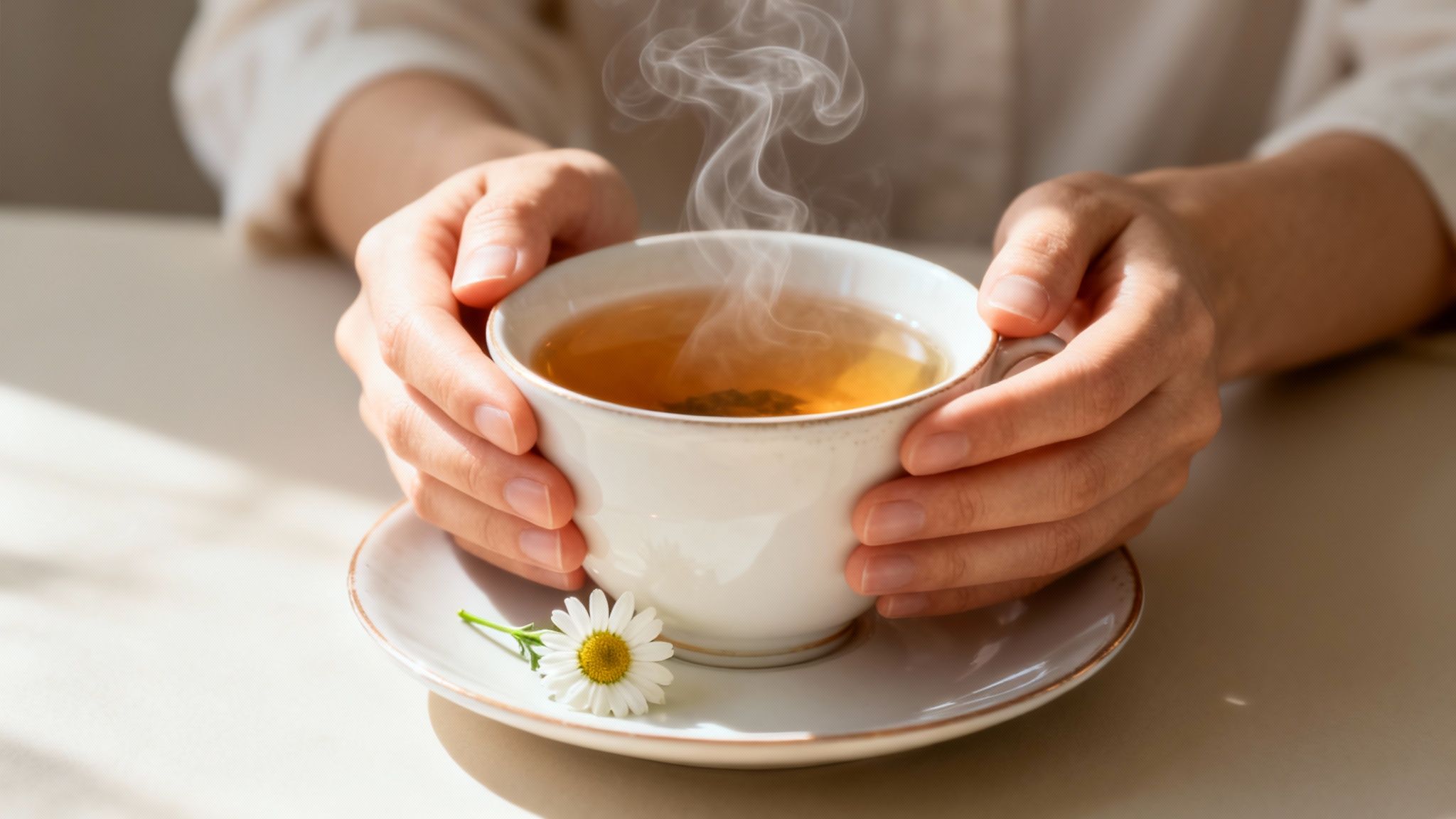 A person's hands gently cup a warm, steaming mug of chamomile tea with a fresh daisy.