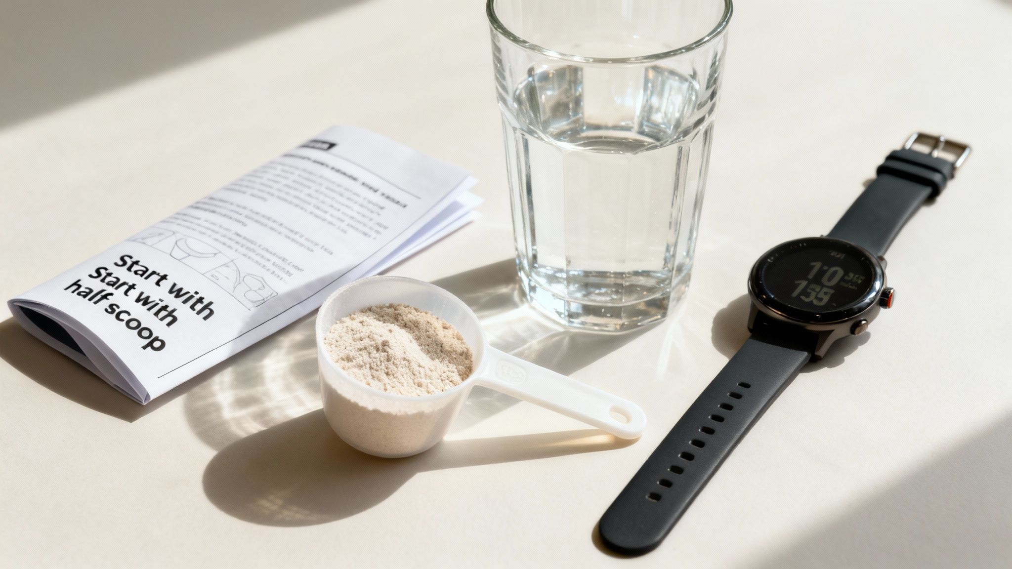 A scoop of pre-workout powder, a glass of water, instructions, and a smartwatch on a table.