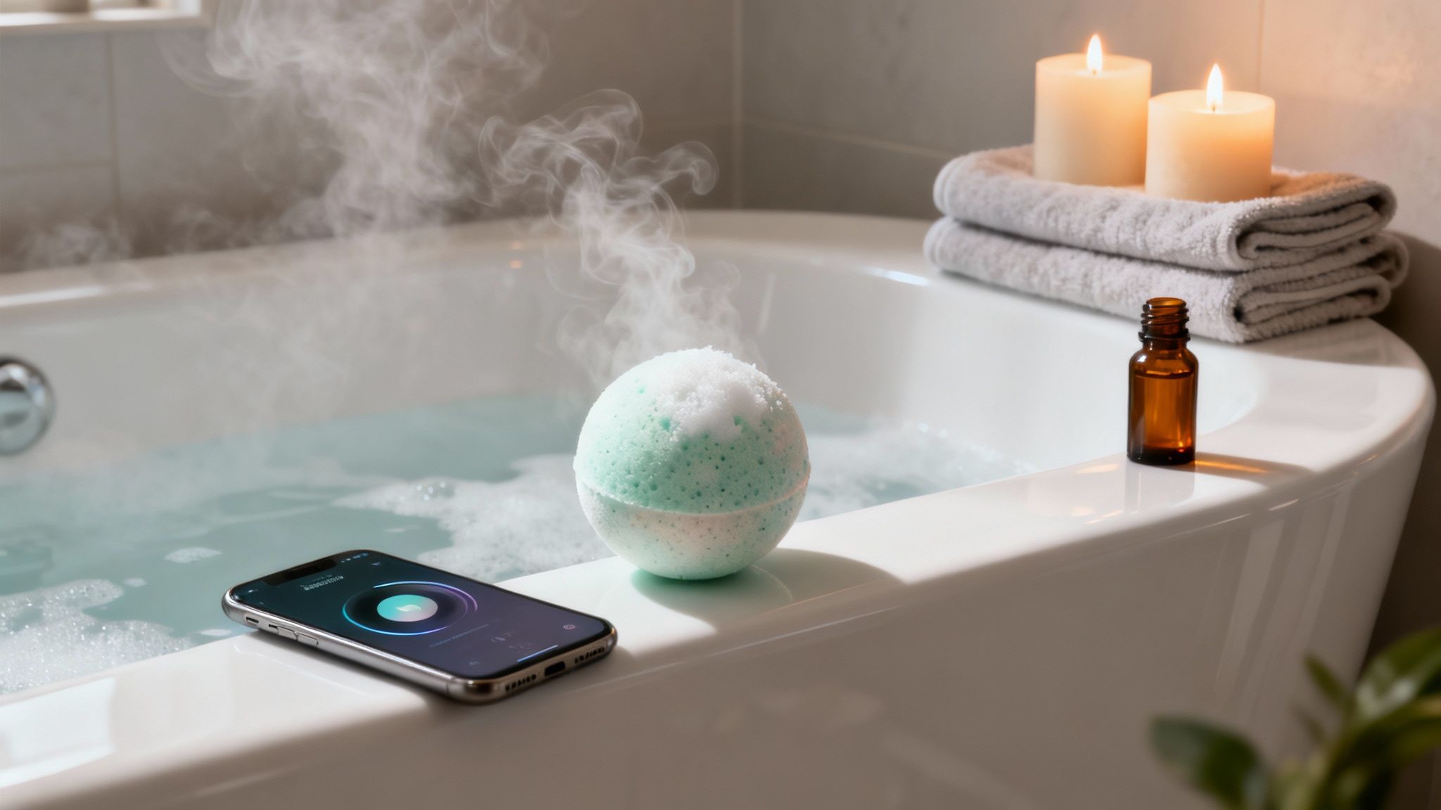 A relaxing spa setting with a green bath bomb, smartphone, essential oil, and candles.