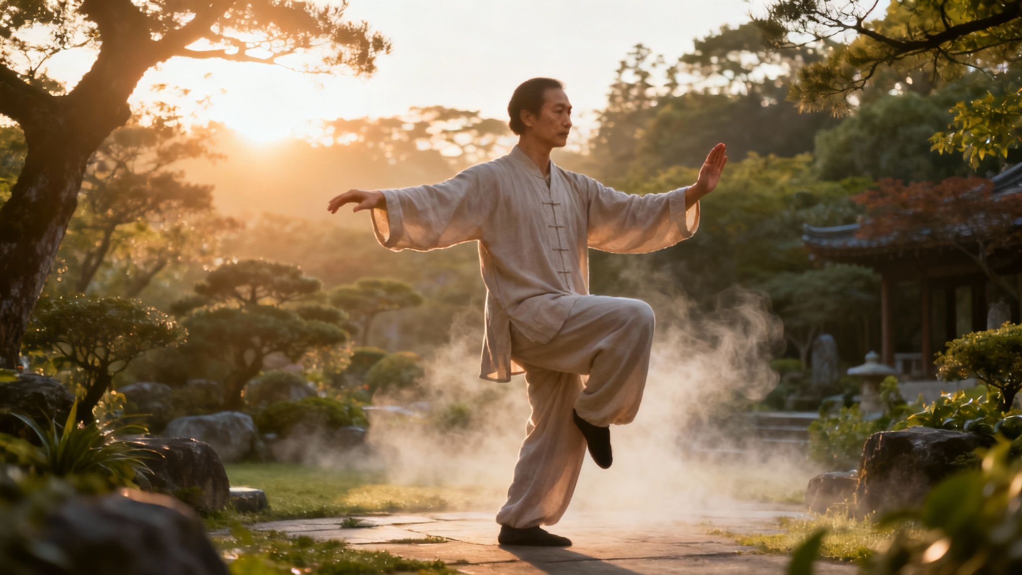 A person practising Tai Chi outdoors