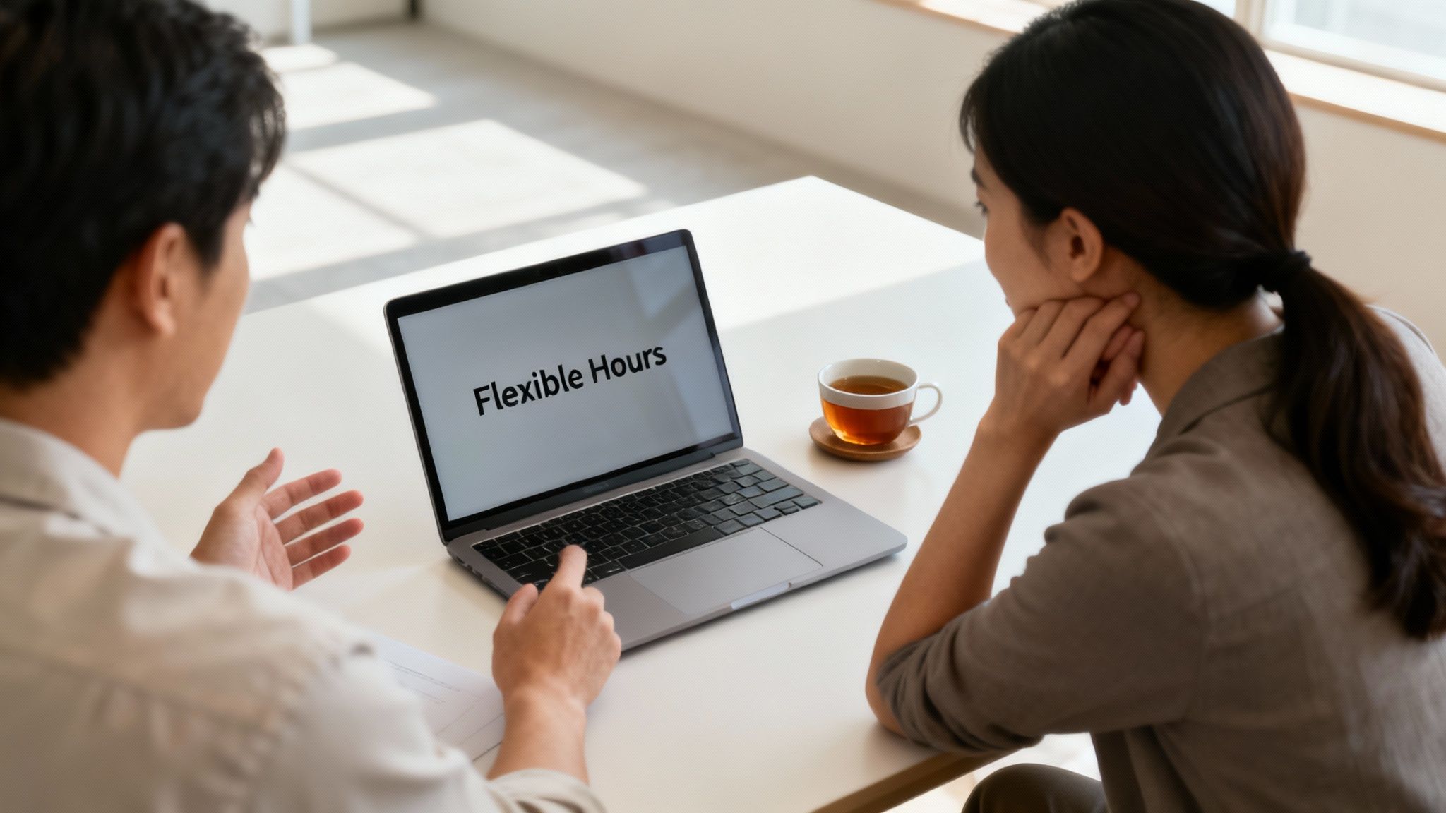 Two people discuss flexible work hours, looking at a laptop displaying "Flexible Hours" on its screen.