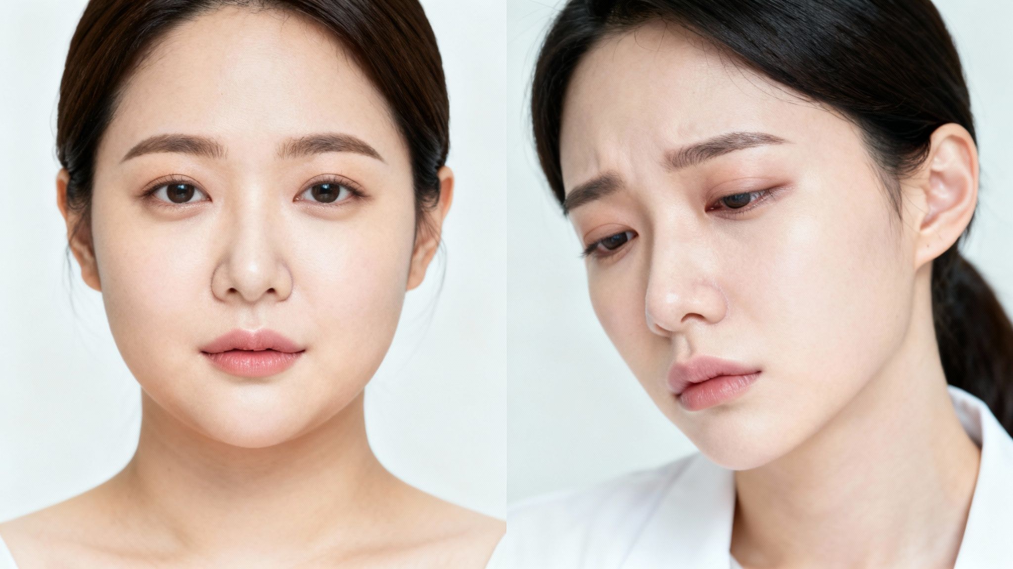 Two close-up portraits of a young Asian woman, one serene, one appearing sad or stressed.