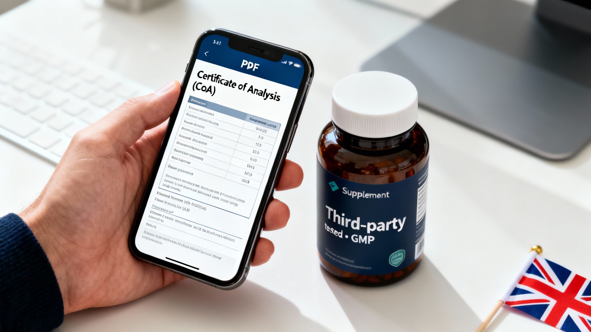 Hand holding a smartphone displaying a Certificate of Analysis next to a supplement bottle and UK flag.