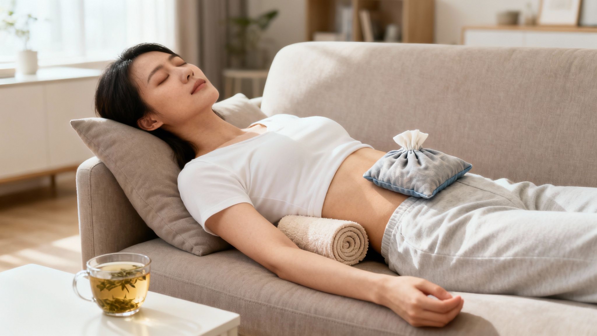 A woman lies on a sofa with a heat pack on her abdomen and a rolled towel under her back.