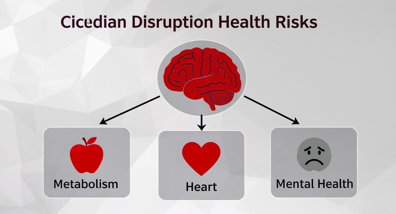 Diagram illustrating Circadian disruption health risks, showing impacts on metabolism, heart, and mental health.