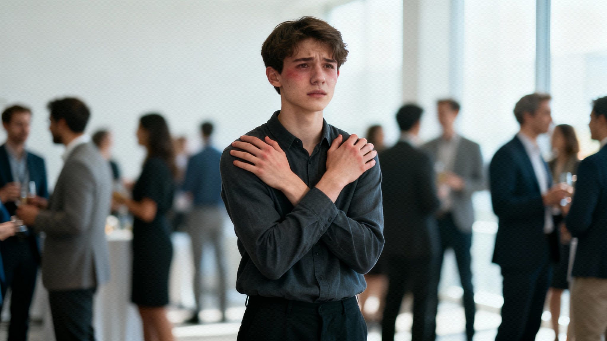 A distressed young man with red eyes and crossed arms stands in a blurred crowd.
