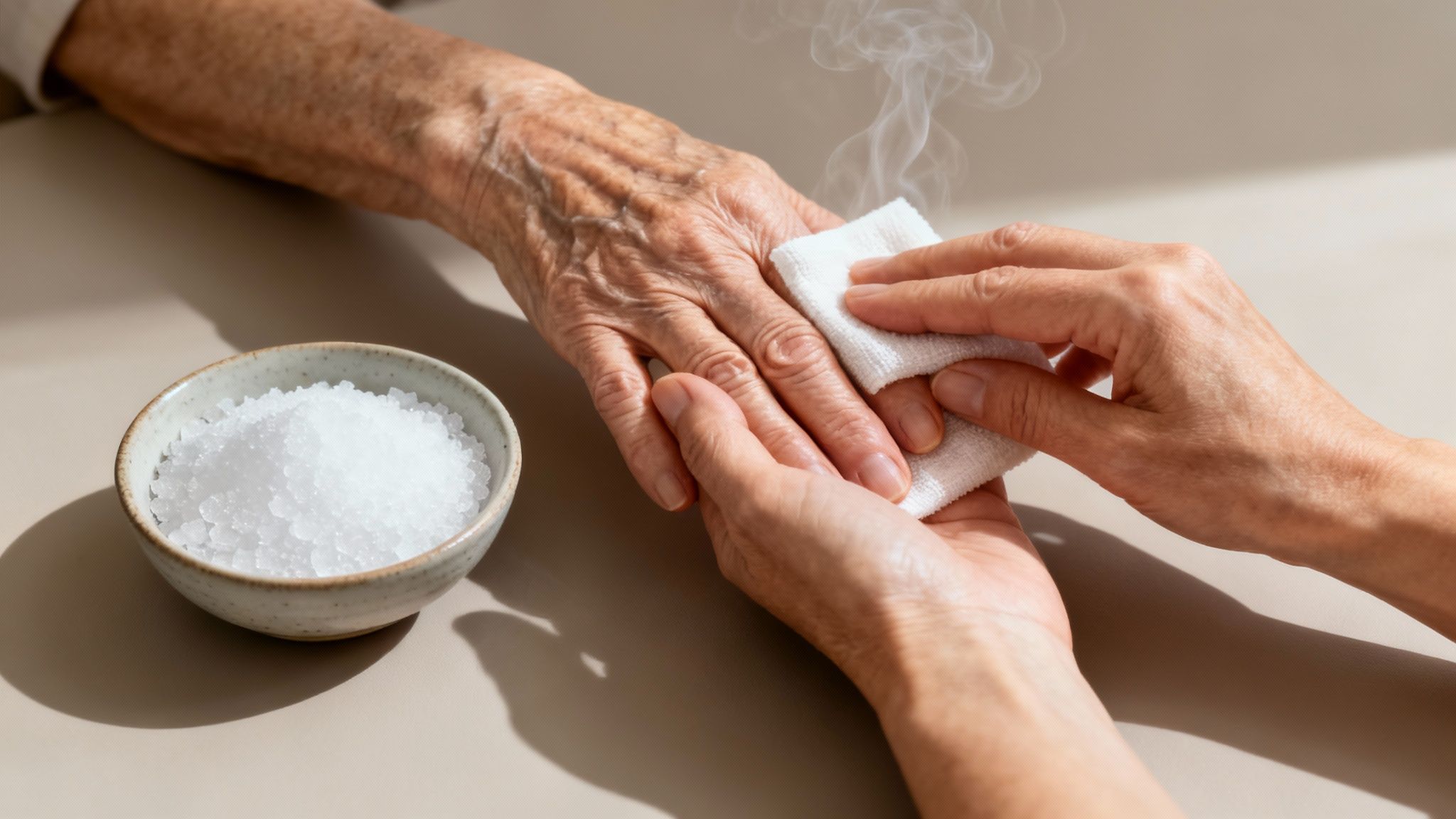 A person soaking their hands in a bowl of warm water with flowers