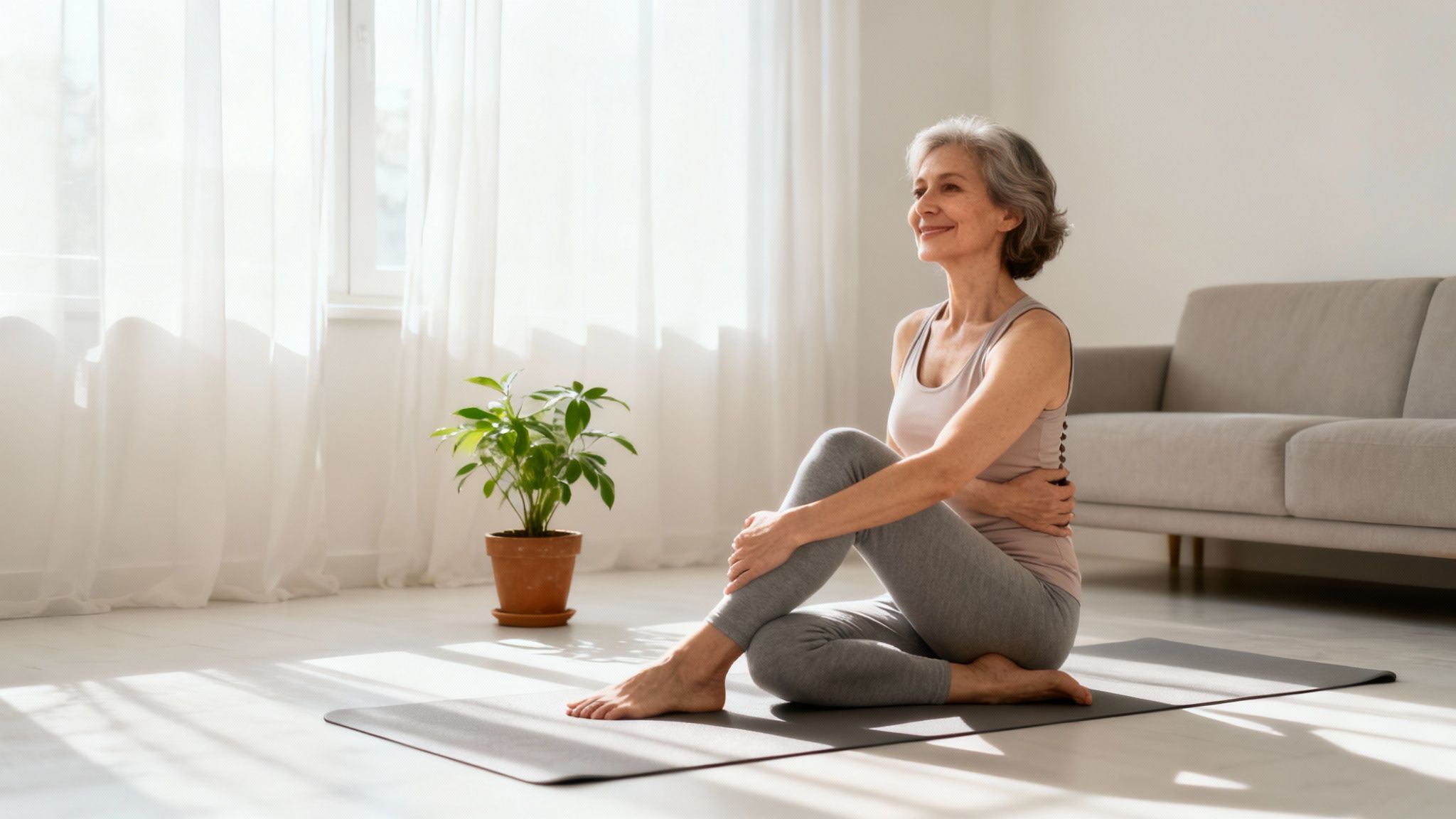 A smiling senior woman practices yoga on a mat in a bright, sunlit room.