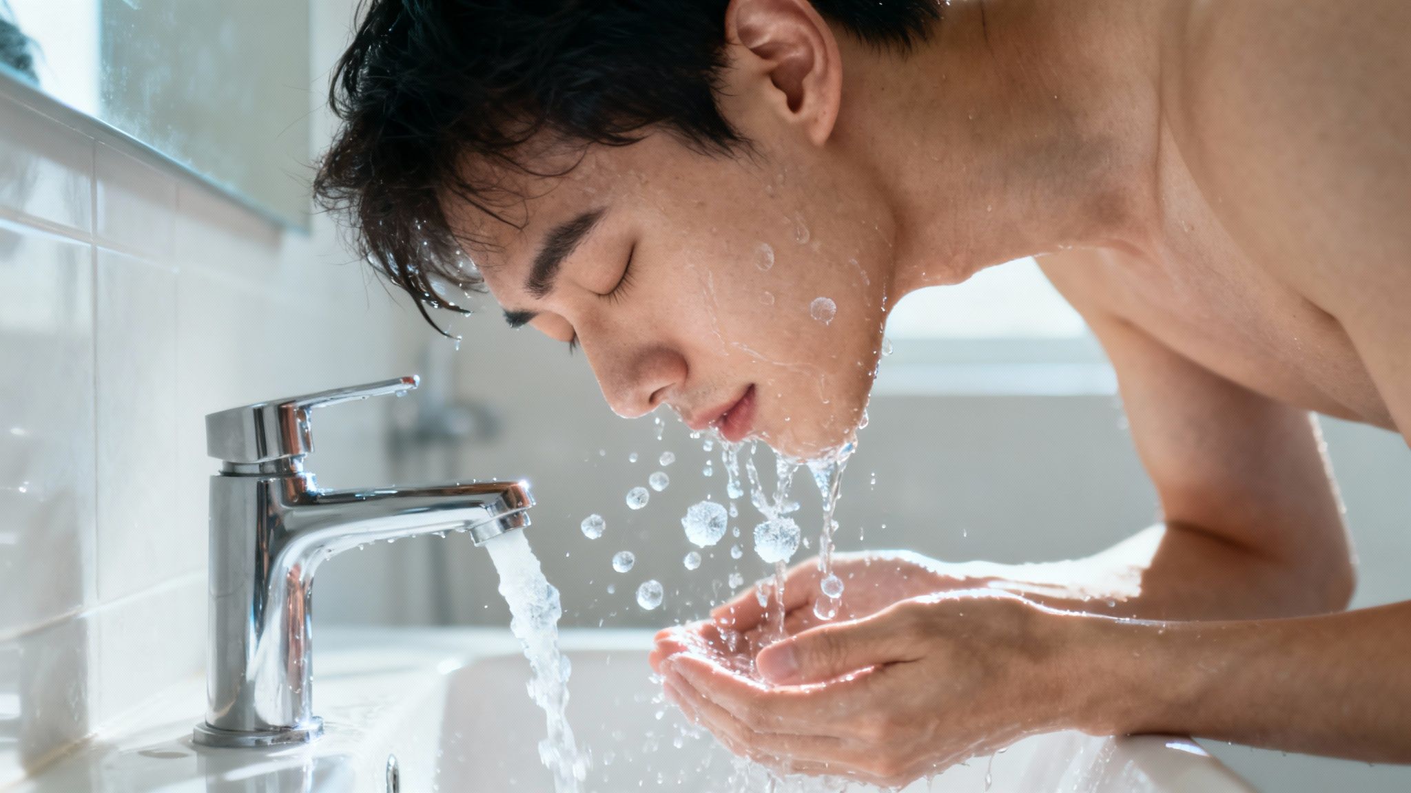 Young man splashing fresh water on face at bathroom sink during morning skincare routine