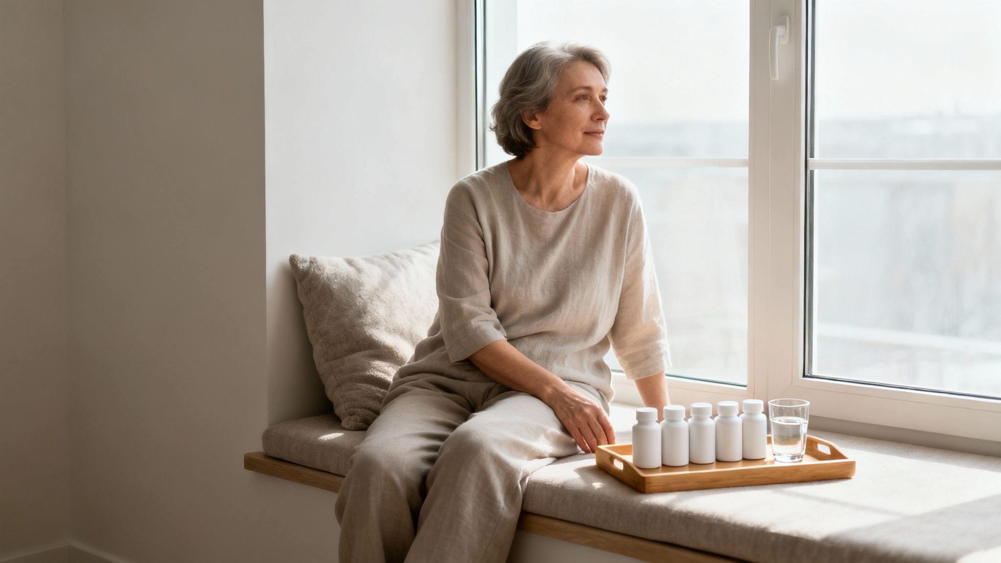 A senior woman sits peacefully by a window with supplements and water, looking outside.