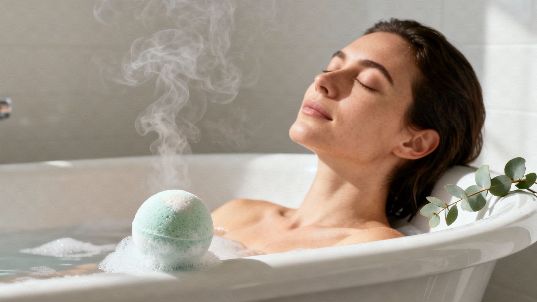 A serene woman enjoys a relaxing bath with a fizzing bath bomb and fragrant steam.