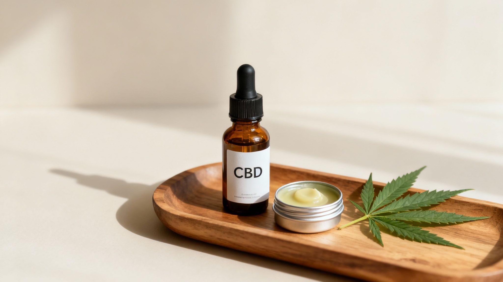 CBD oil bottle and dropper with hemp leaves