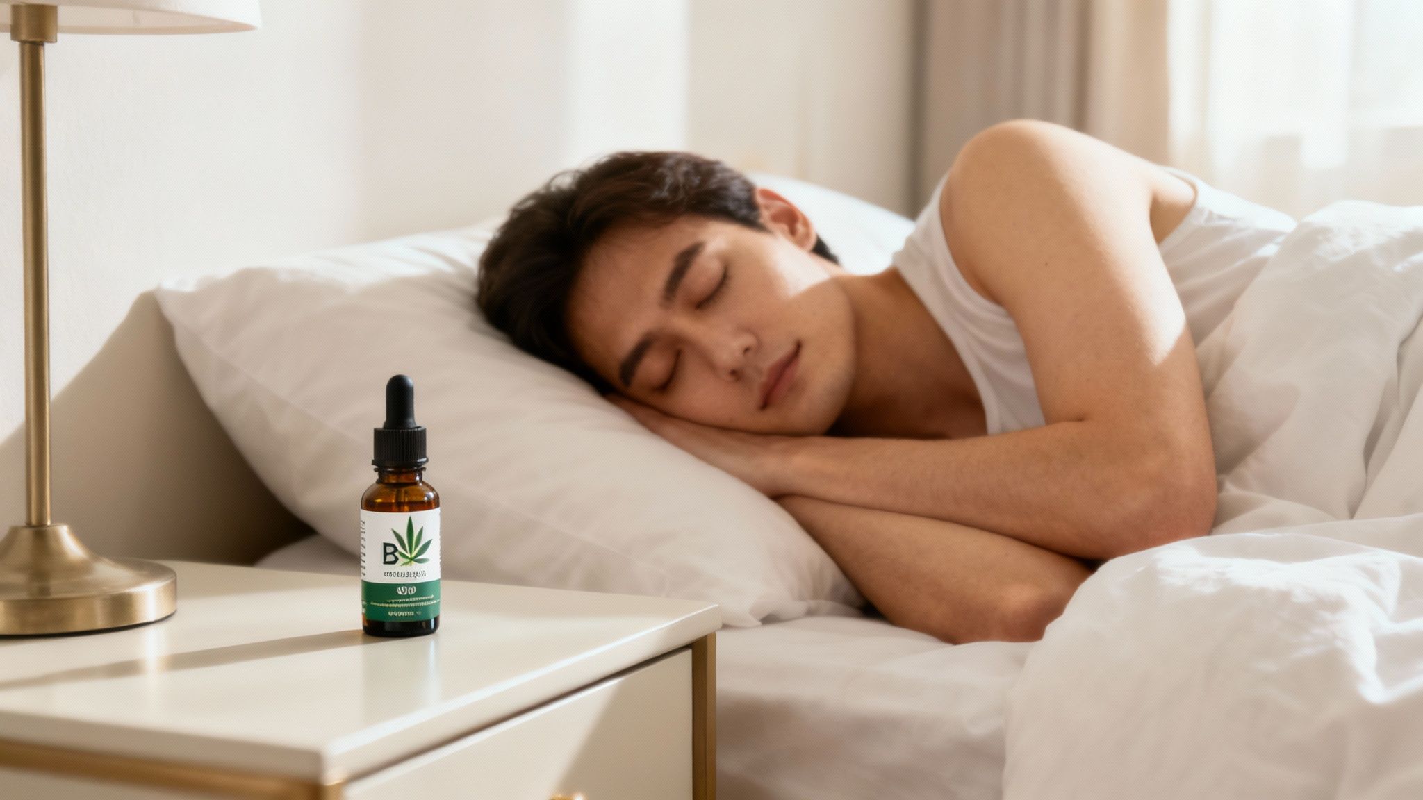 A smiling woman feeling relaxed and content while using high strength CBD oil in a peaceful home setting.