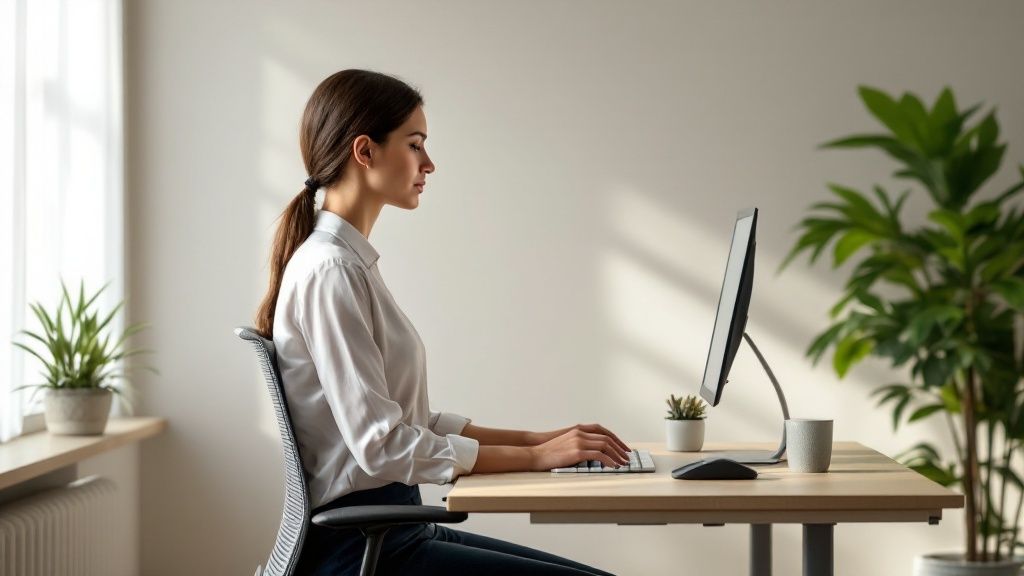 Person gently stretching their neck to relieve tension.