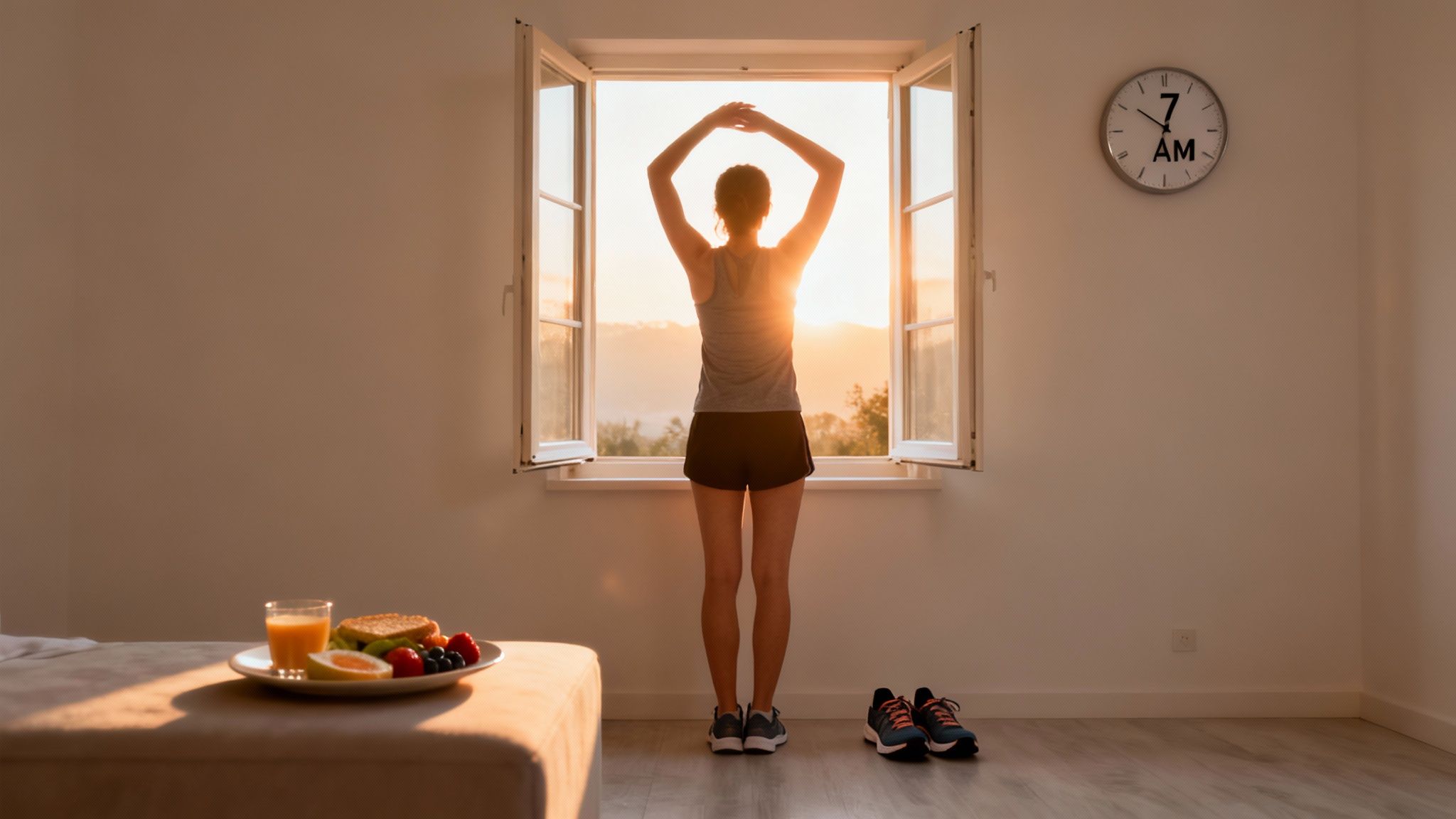 Morning routine: Woman stretches by a window at 7 AM, with healthy breakfast and running shoes.