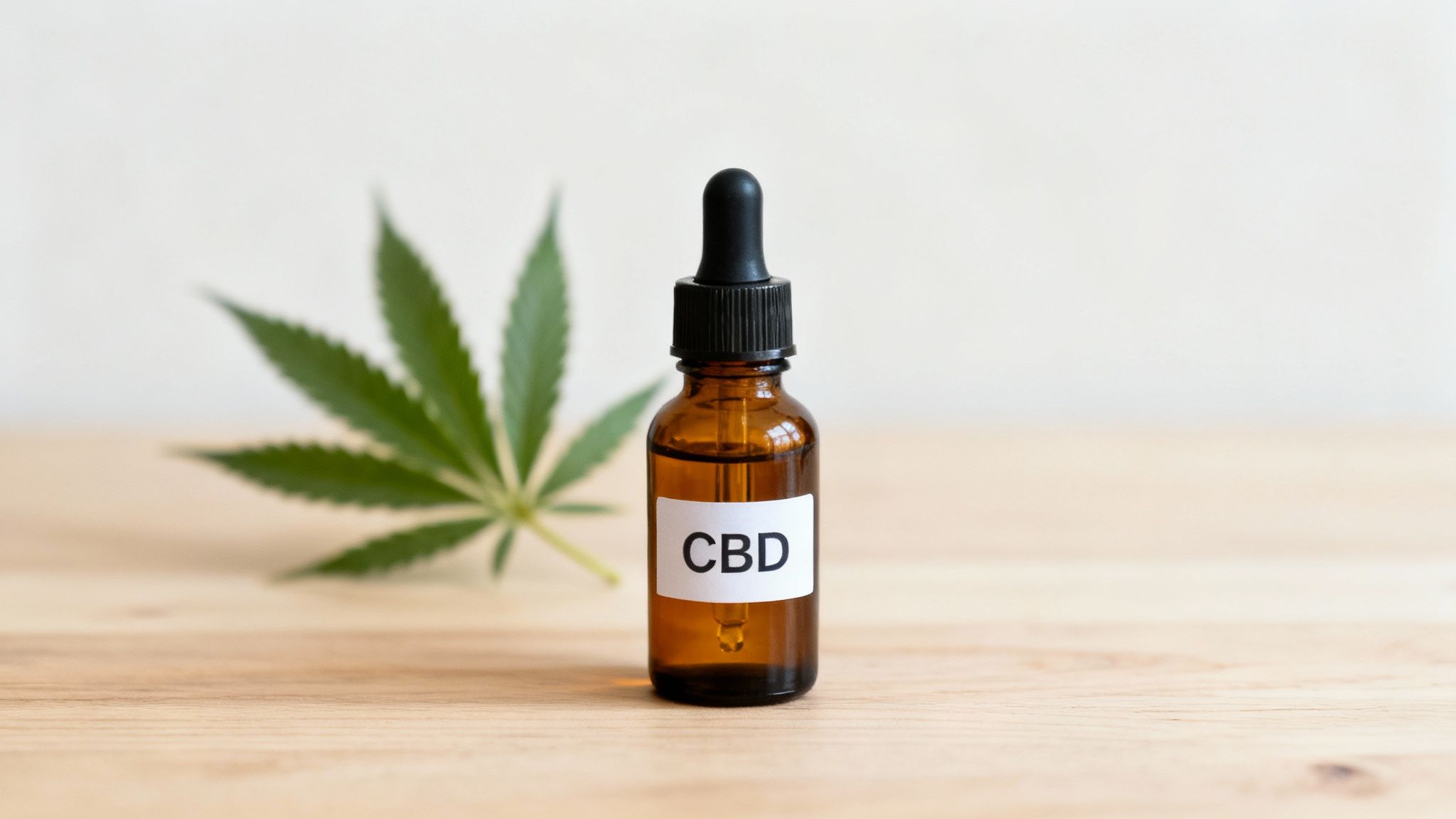 A CBD oil dropper bottle stands on a wooden surface with a blurred cannabis leaf in the background.