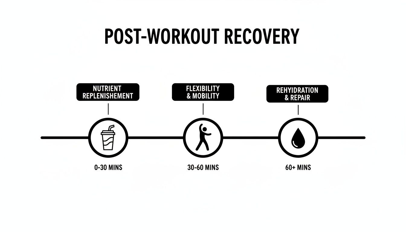 An infographic detailing post-workout recovery stages: nutrient replenishment (0-30 mins), flexibility (30-60 mins), and rehydration (60+ mins).