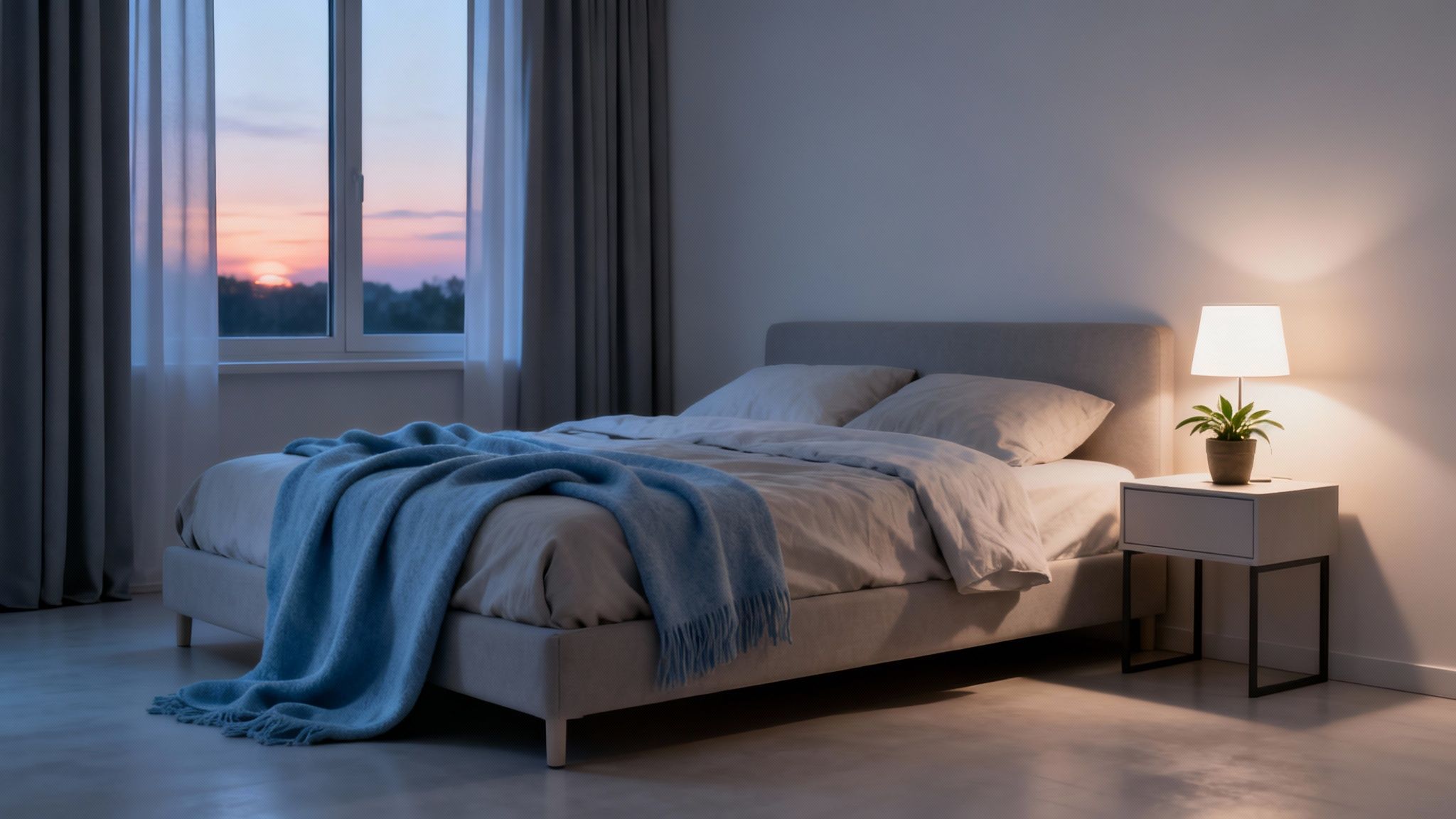 A cosy bedroom at sunset with a bed, a blue blanket, and a glowing bedside lamp.
