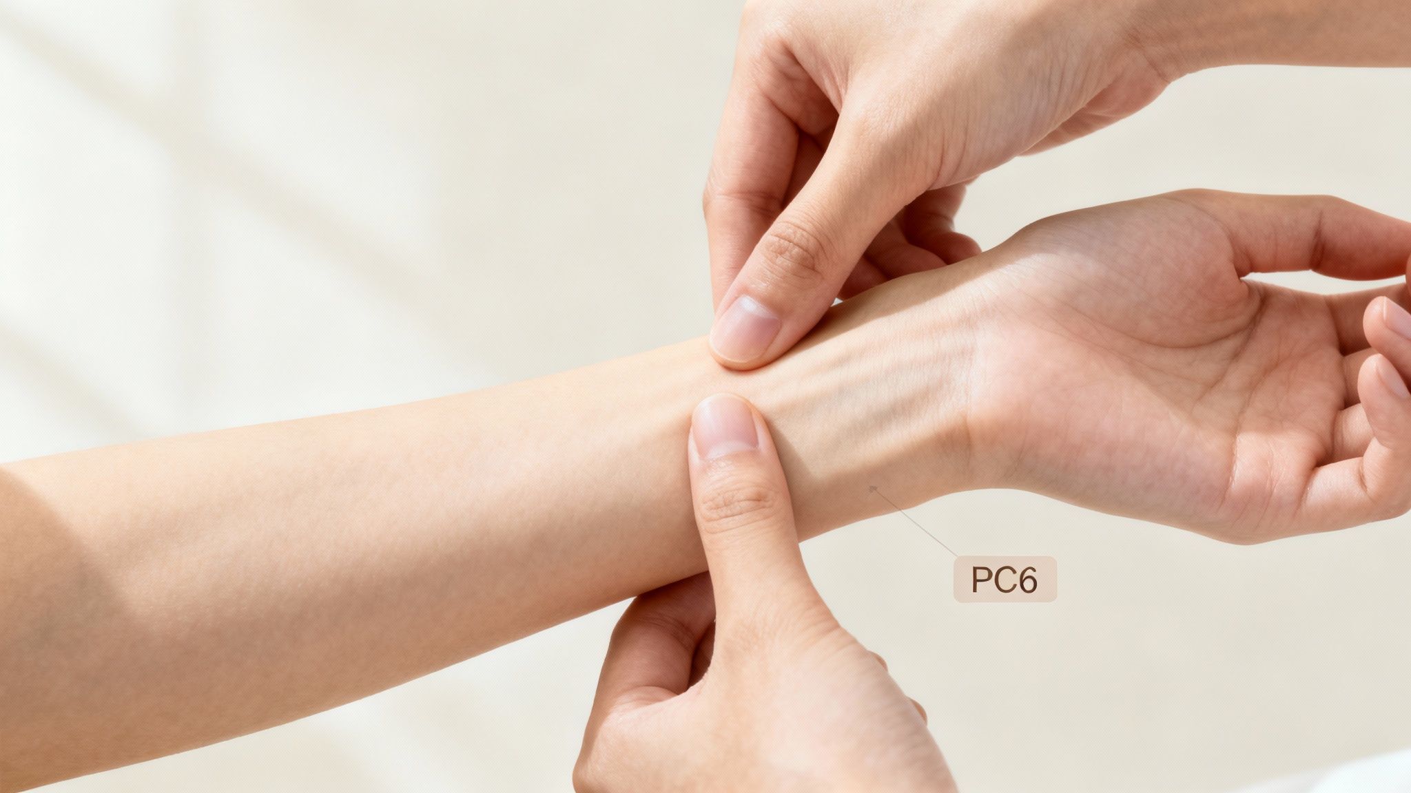 Close-up of hands applying pressure to the PC6 acupressure point on a forearm.
