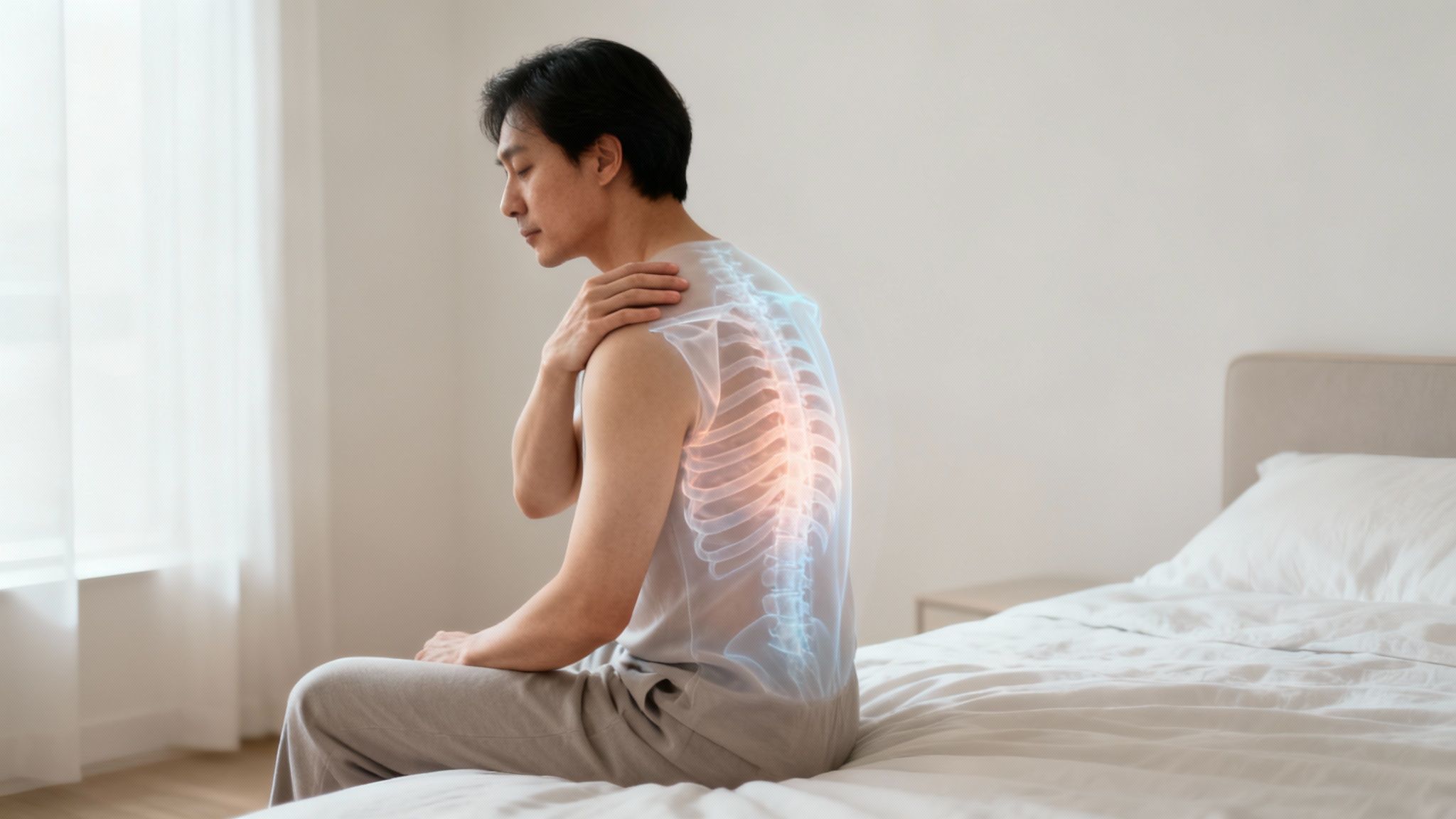 Asian man sits on a bed, holding his shoulder, with a glowing spine overlay indicating back pain.