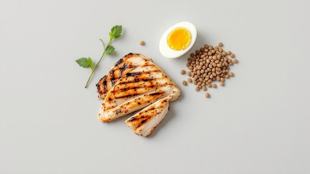 Verschiedene proteinreiche Lebensmittel wie Hähnchenbrust, Lachs, Eier, Linsen und griechischer Joghurt.